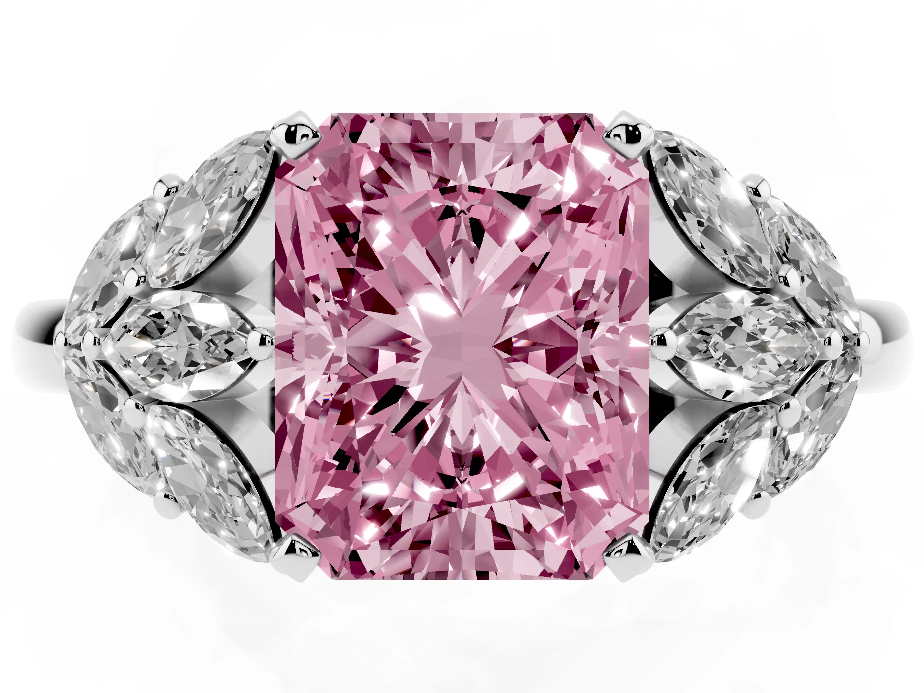Fancy Pink Radiant Cut Diamond Cluster Leaf Design Ring Set in White gold with Prong Setting