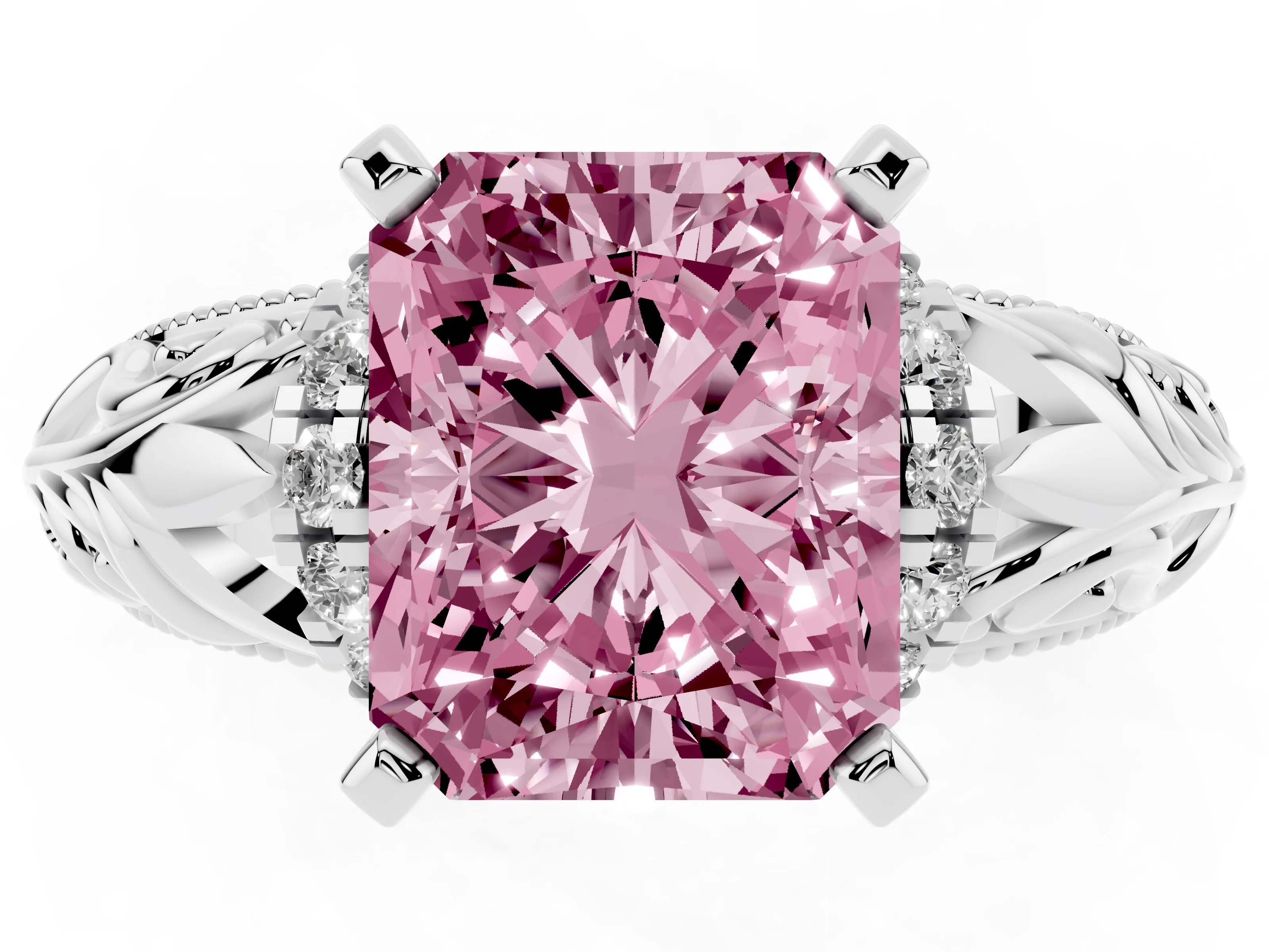 Fancy Pink Radiant Cut Diamond Filigree Halo Engagement Ring Set in White gold with Prong Setting