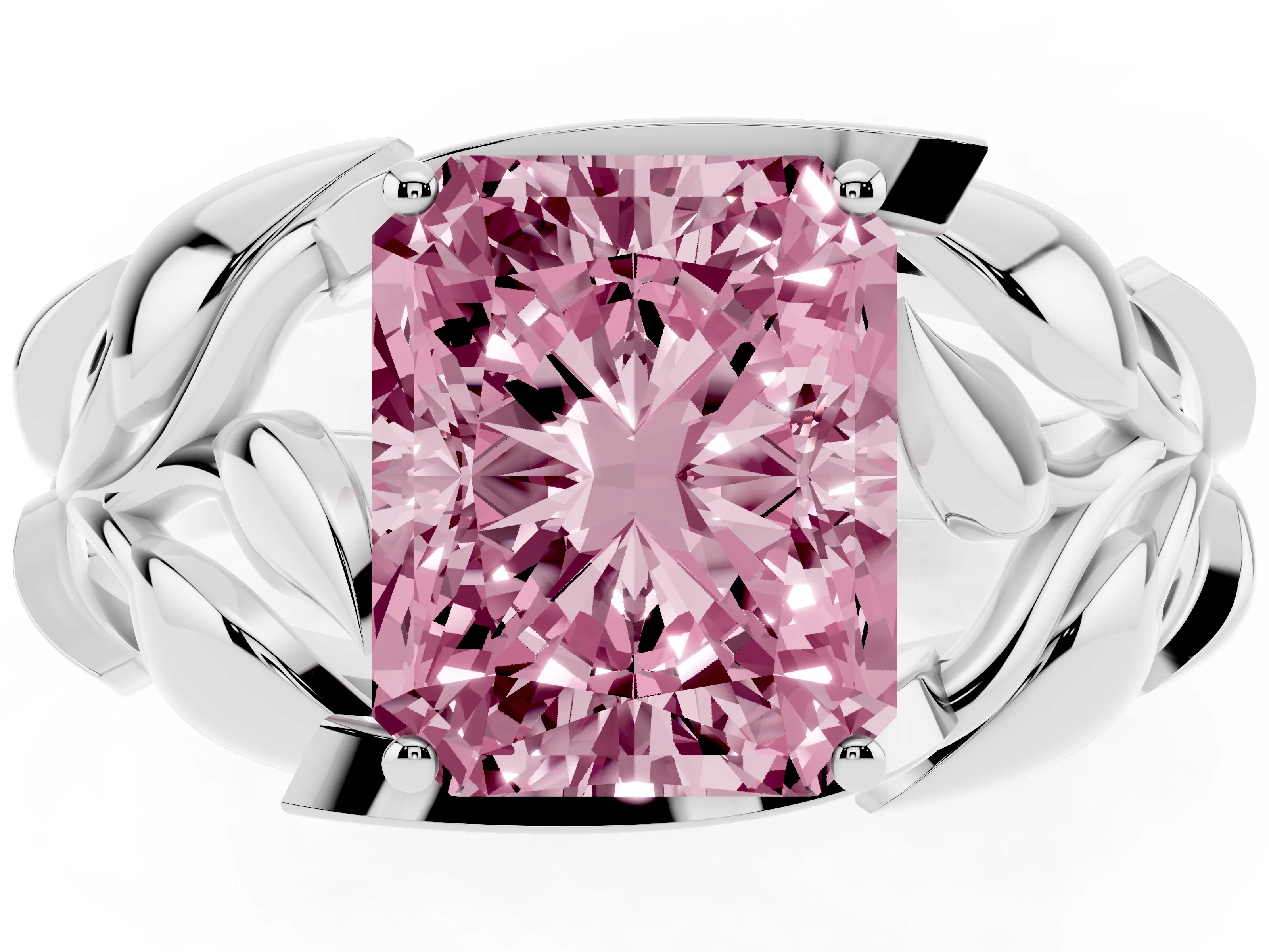Fancy Pink Radiant Cut Diamond Leaf-Inspired Engagement Ring Set in Silver with Round Accents