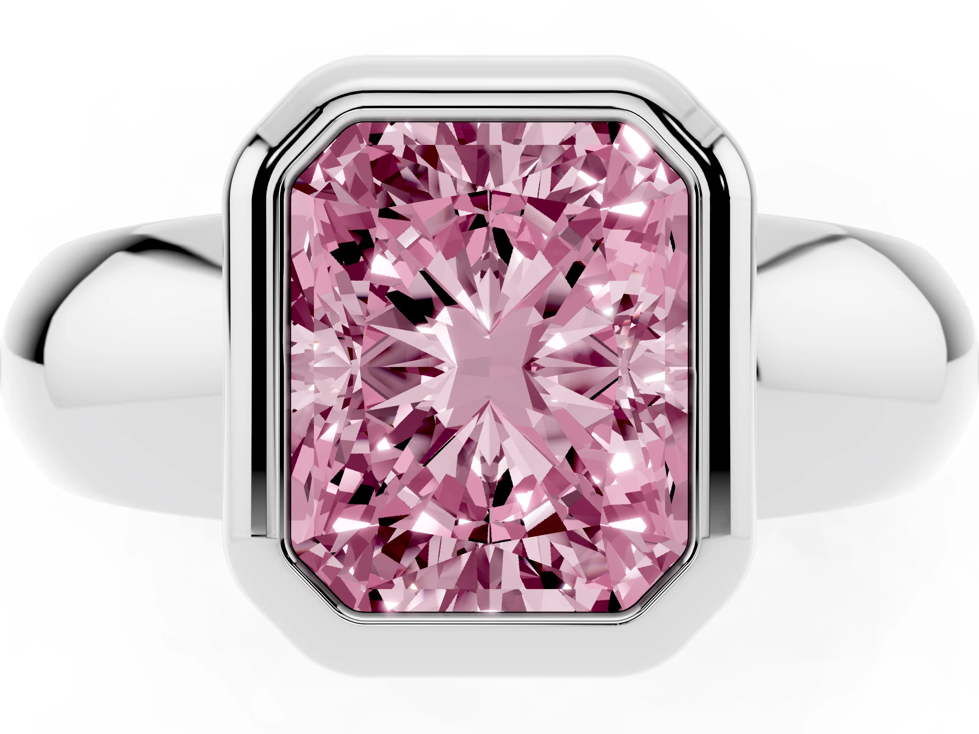 Fancy Pink Bezel Set Radiant Cut Diamond Solitaire Ring Set in Silver with Wide Band