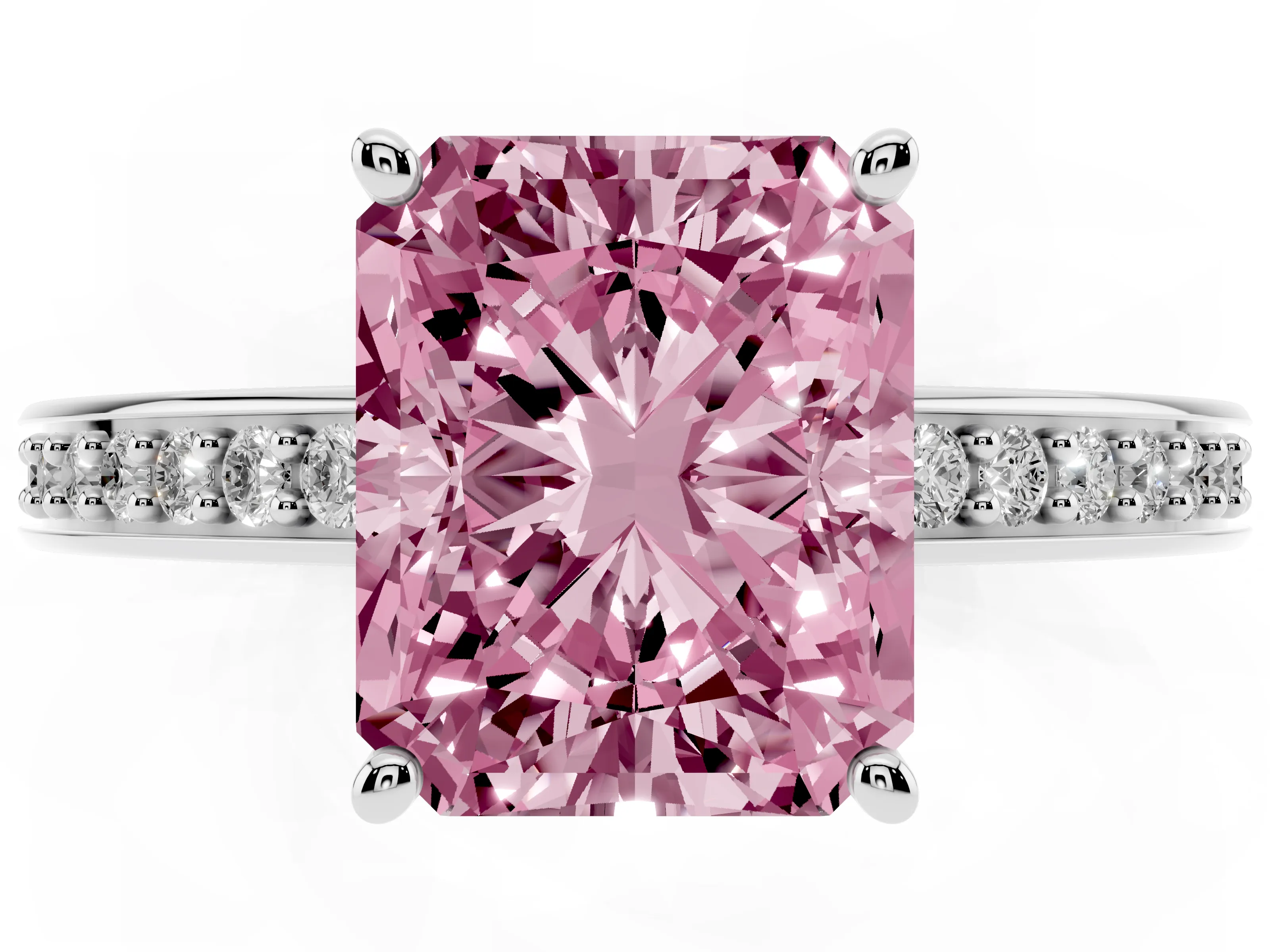 Fancy Pink Radiant Cut Diamond Pavé Band Prong Set Solitaire Ring Set in Silver