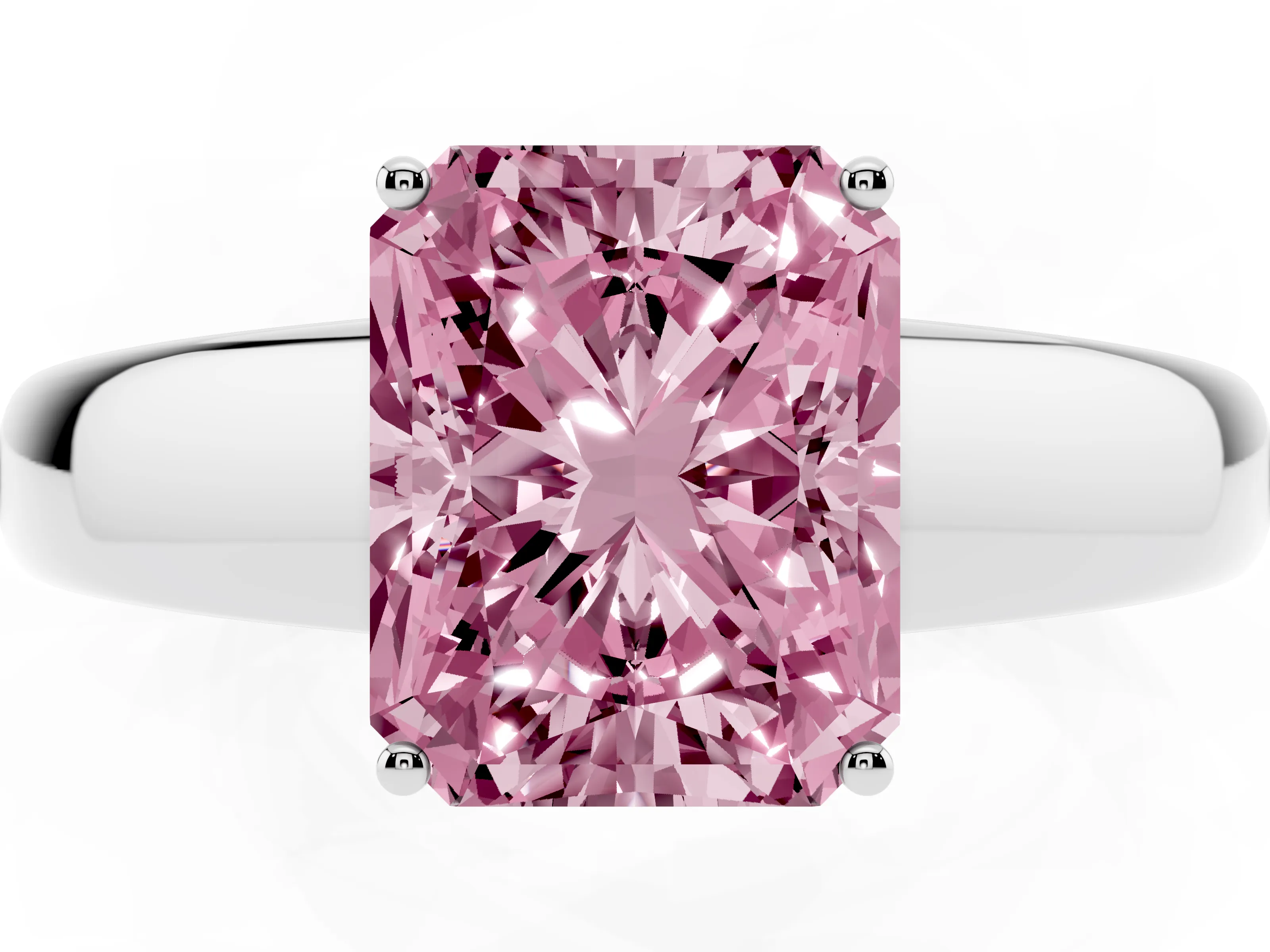 Fancy Pink Radiant Cut Diamond Solitaire Ring Set in White gold with Tapered Band and Prong Setting