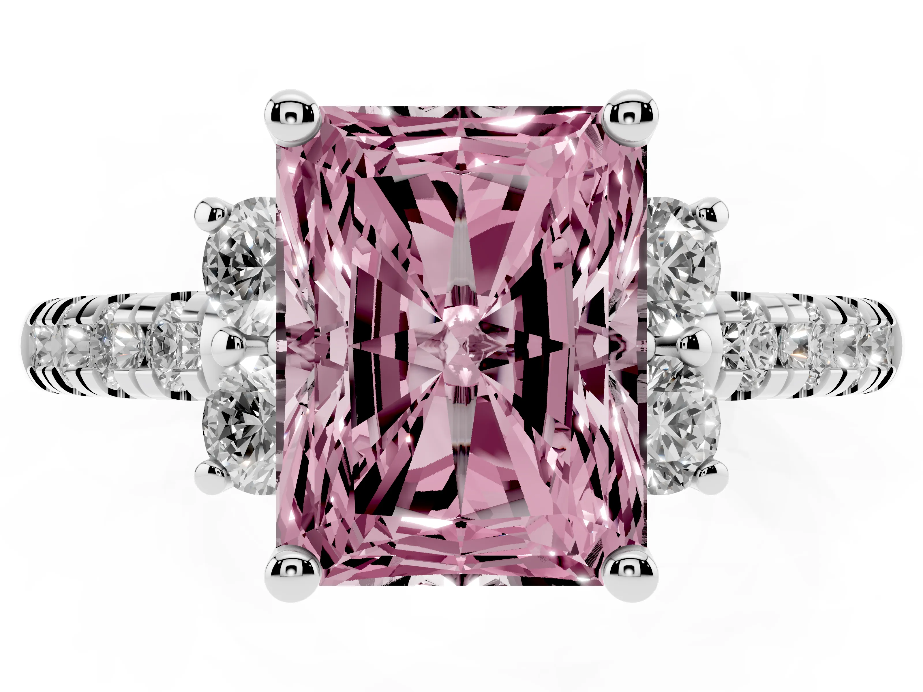 Fancy Pink Radiant Cut Diamond Three-Stone Pavé Ring Set in Silver with Prong Setting
