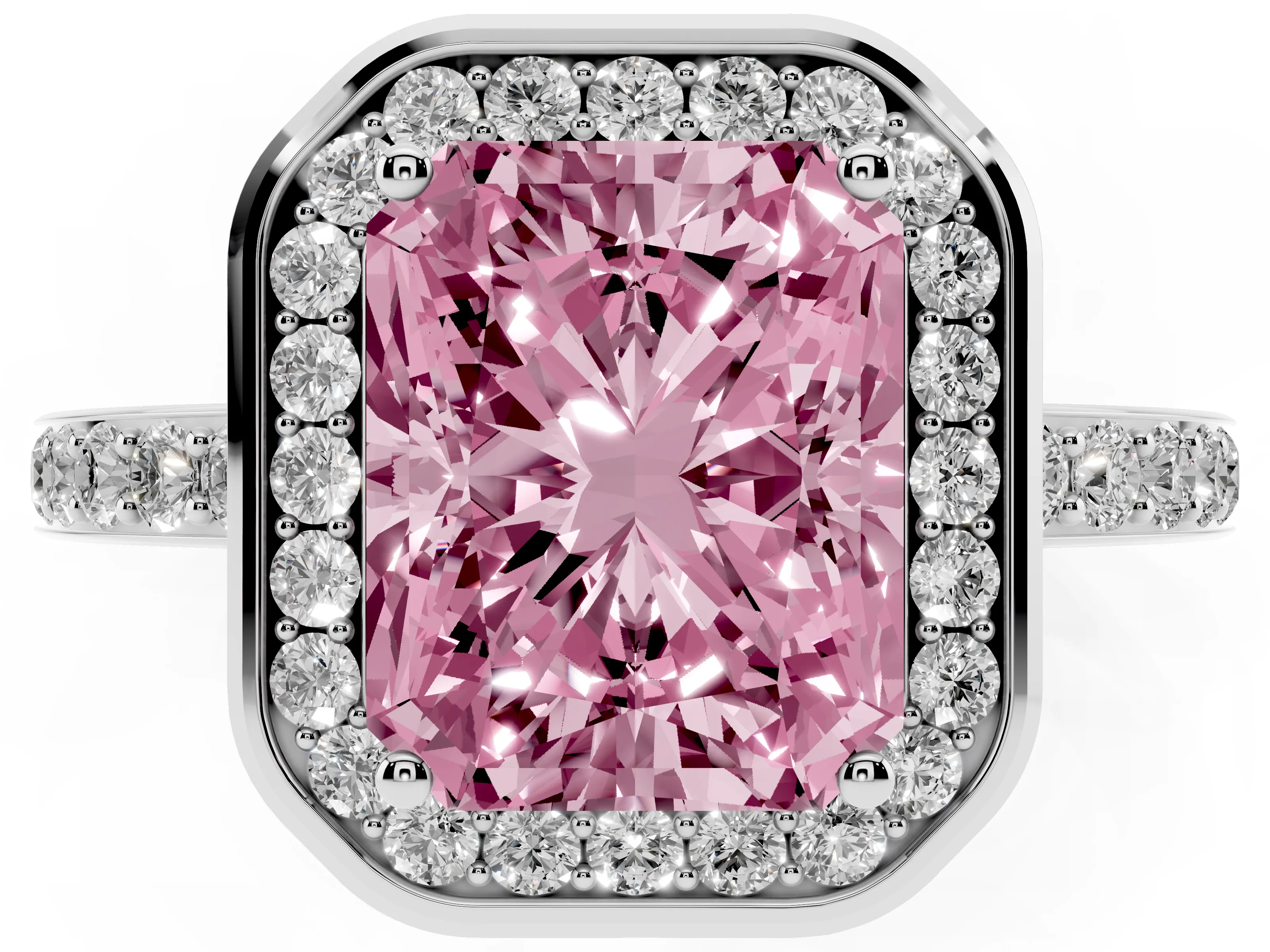 Fancy Pink Radiant Cut Diamond Halo Ring Set in Silver with Bezel Frame and Pavé Band