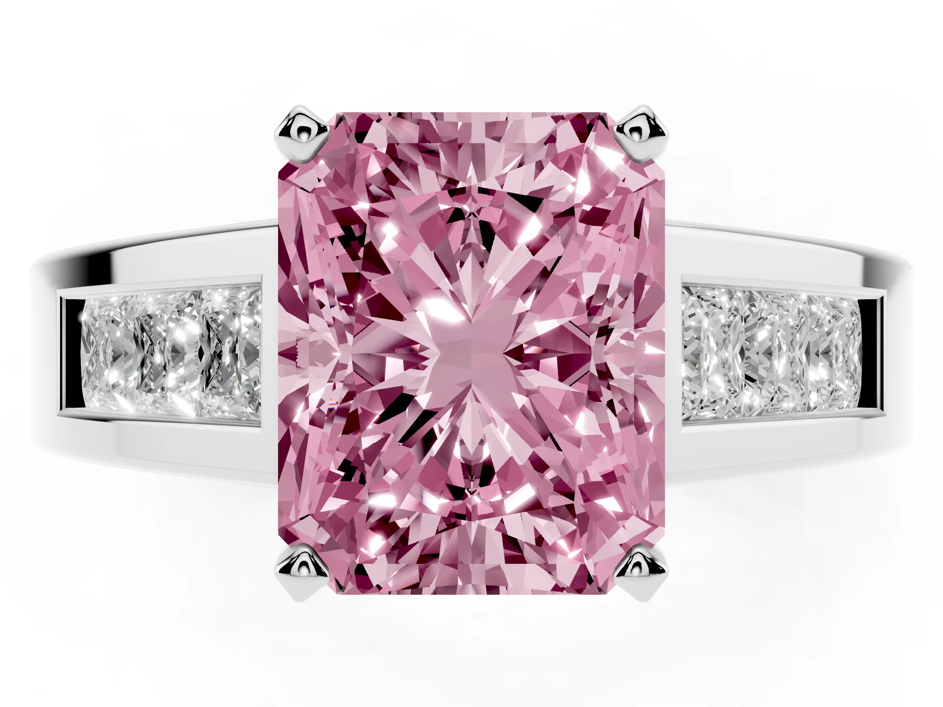 Fancy Pink Radiant Cut Diamond Solitaire Ring Set in Silver with Channel-Set Accent Stones and Prong Setting