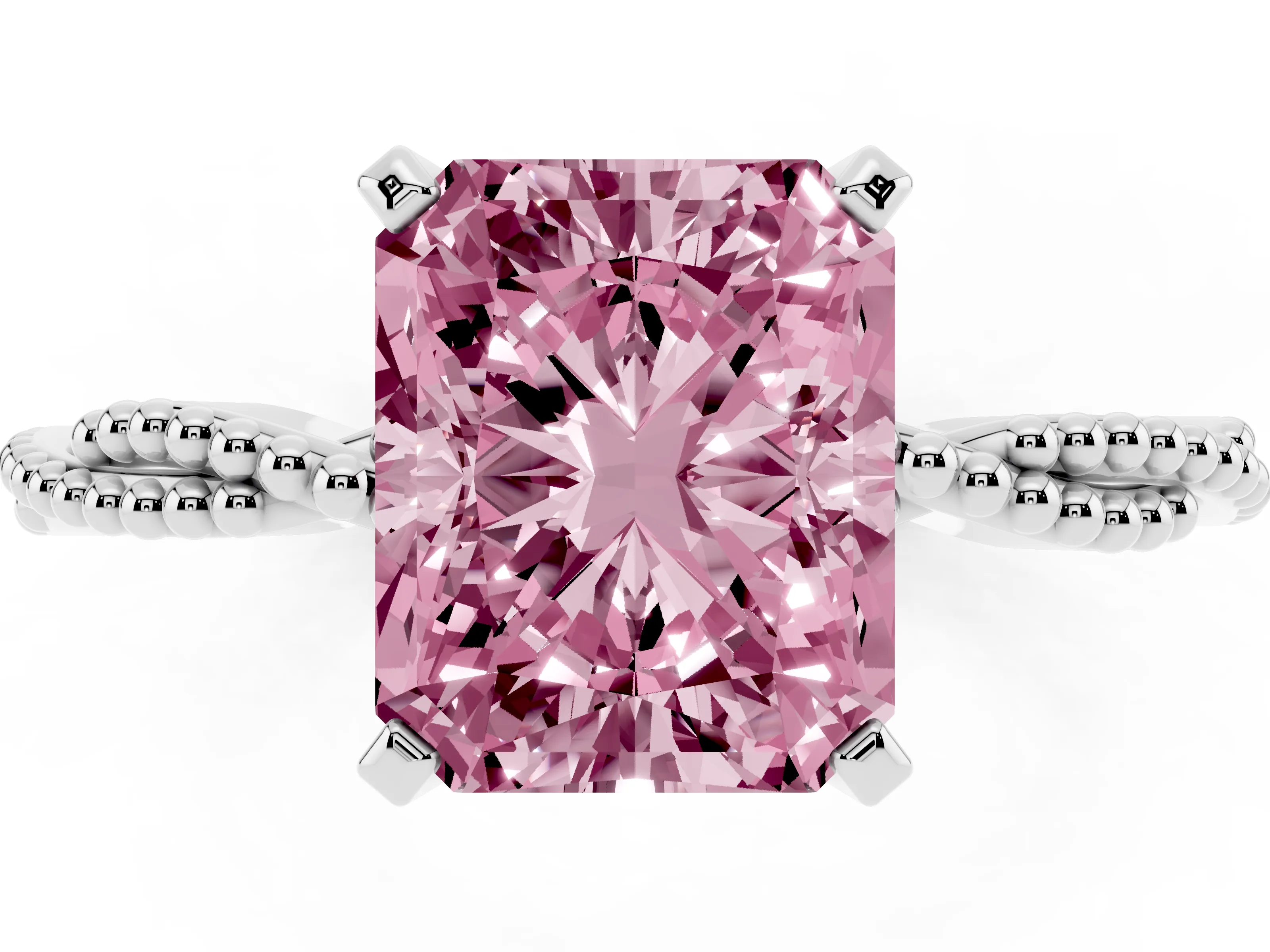 Fancy Pink Radiant Cut Diamond Solitaire Ring Set in Platinum with Twisted Band and Bead Prong Setting