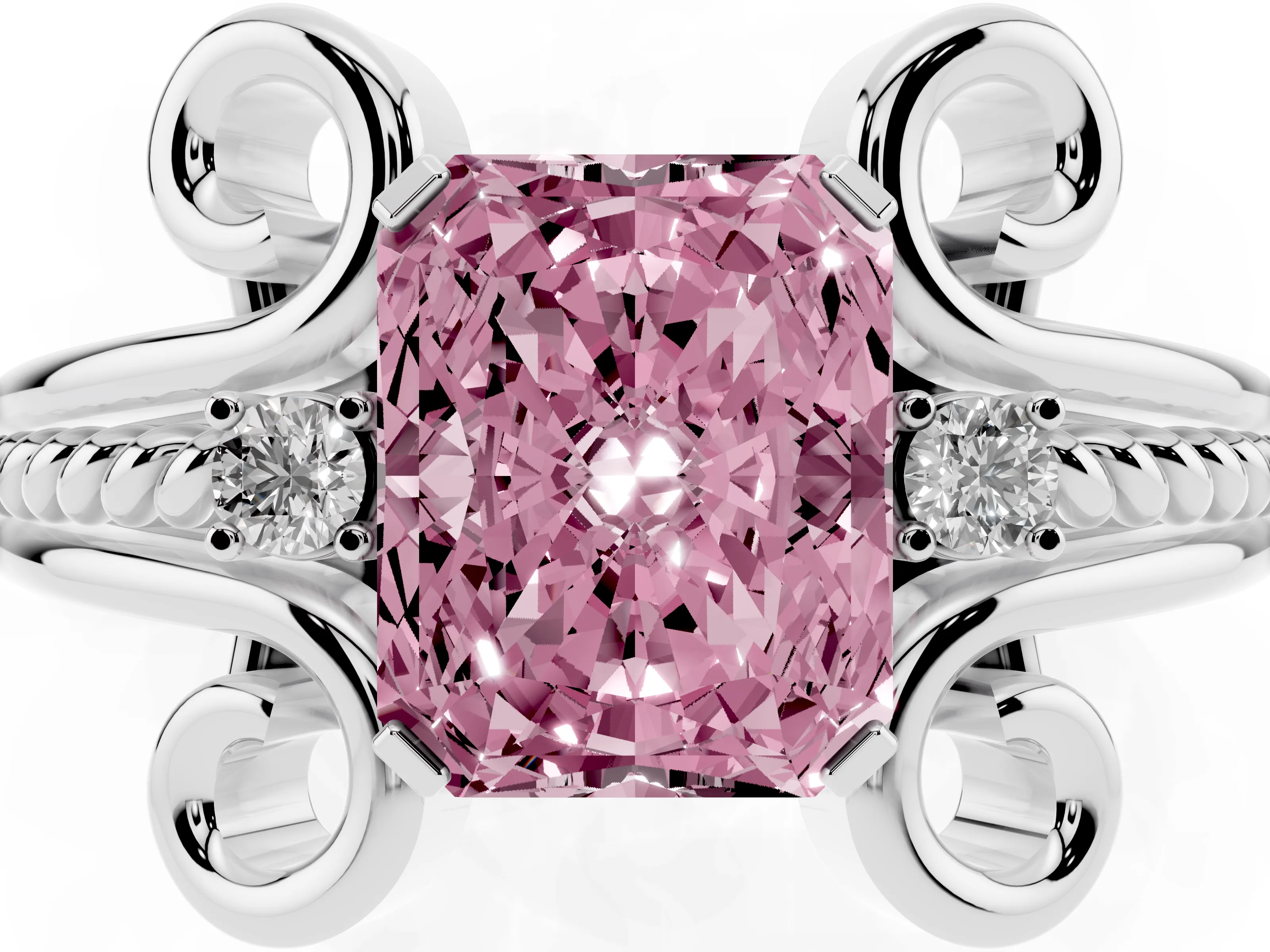 Fancy Pink Radiant Cut Diamond Twisted Band Solitaire Ring Set in Platinum with Scroll Prongs