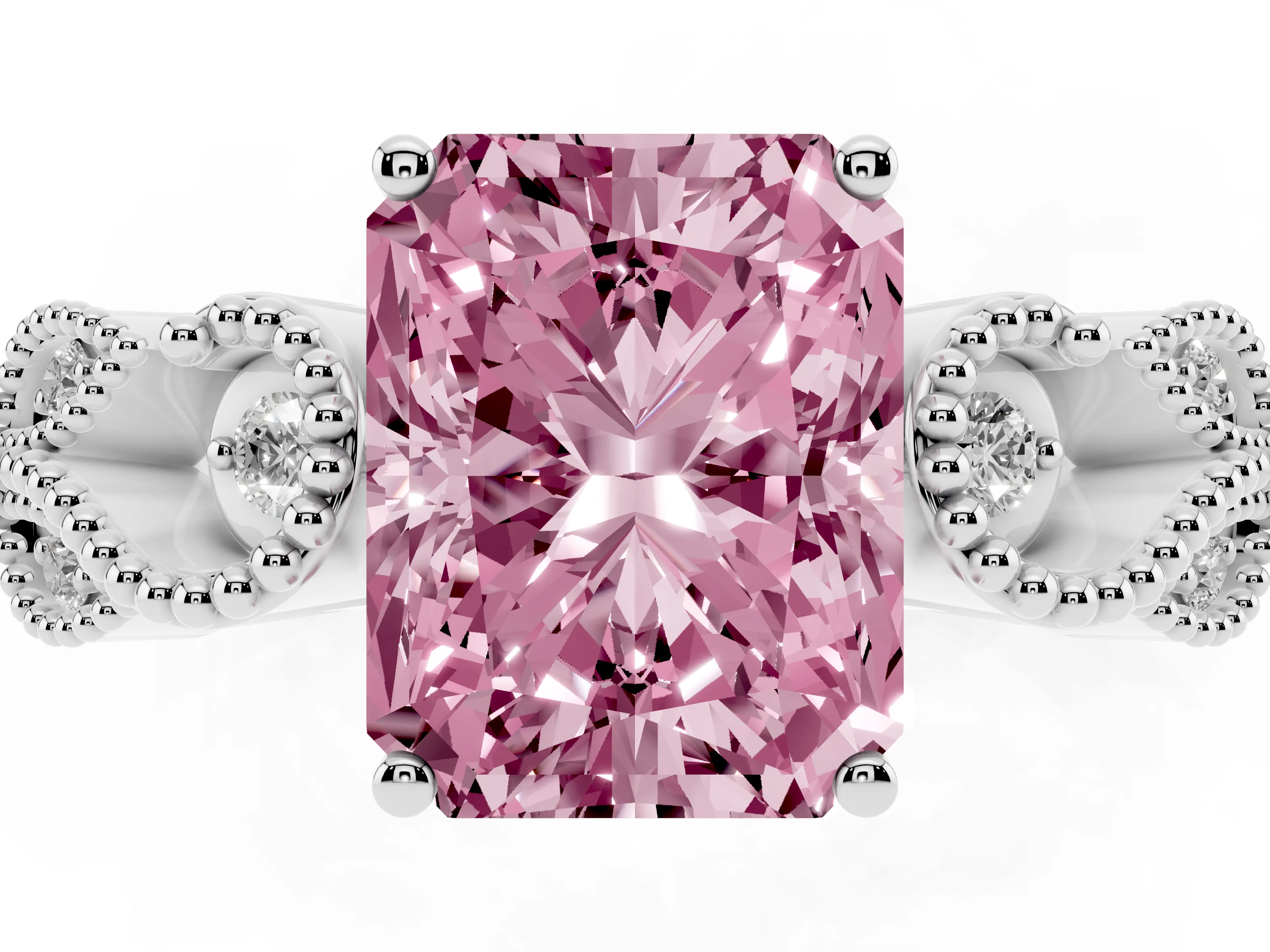 Fancy Pink Radiant Cut Diamond Milgrain Leaf Band Solitaire Ring Set in Platinum with Accent Stones and Prong Setting