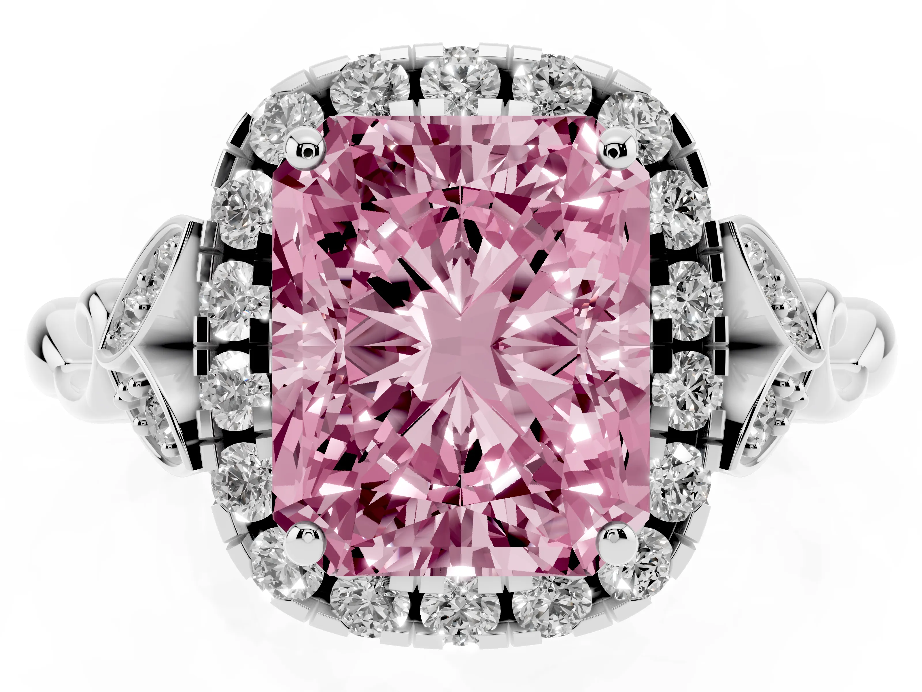 Fancy Pink Radiant Cut Diamond Halo Engagement Ring Set in White gold with Vintage-Inspired Band and Prong Setting