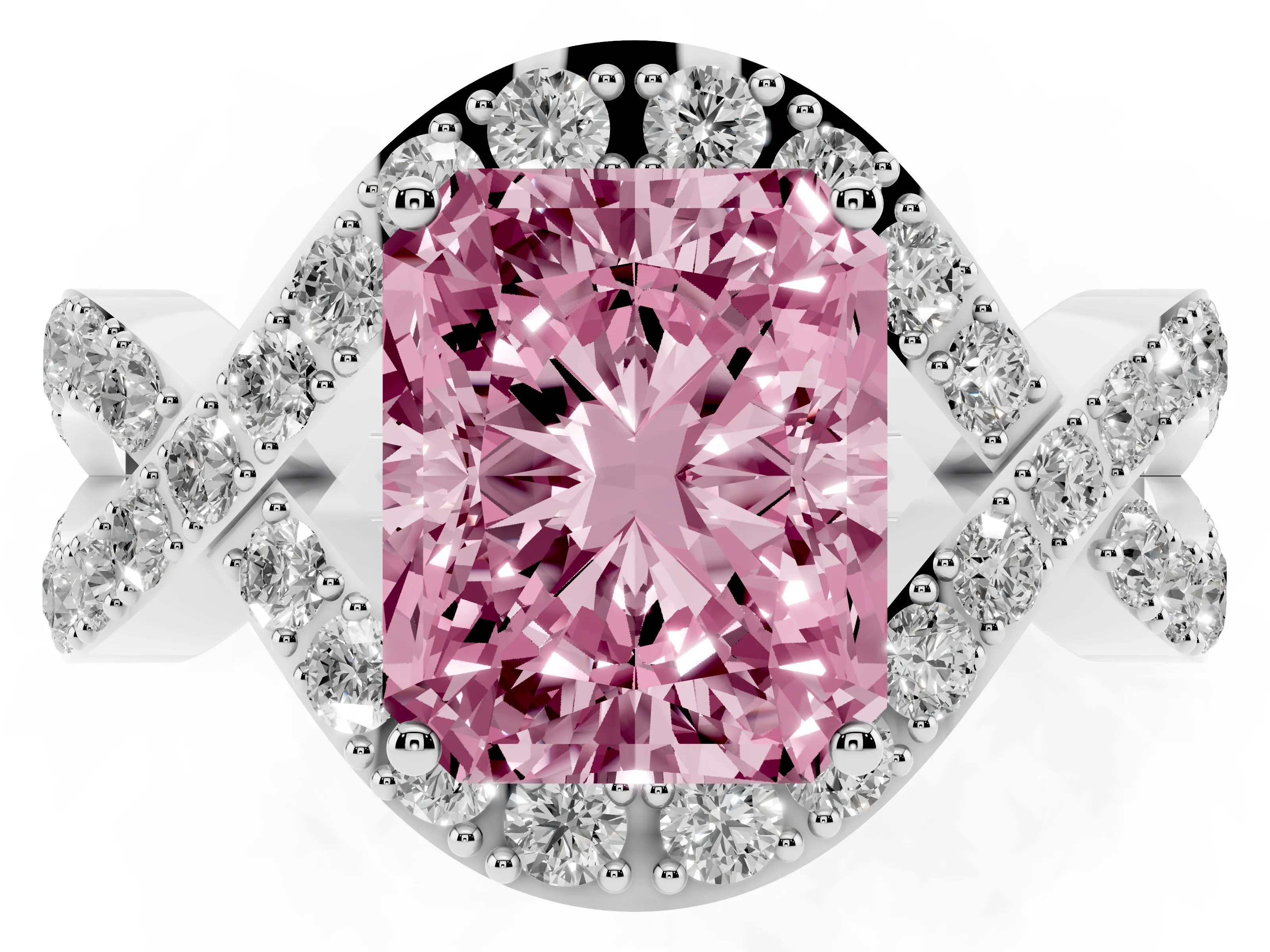 Fancy Pink Radiant Cut Diamond Solitaire Twist Band Pavé Engagement Ring Set in White gold