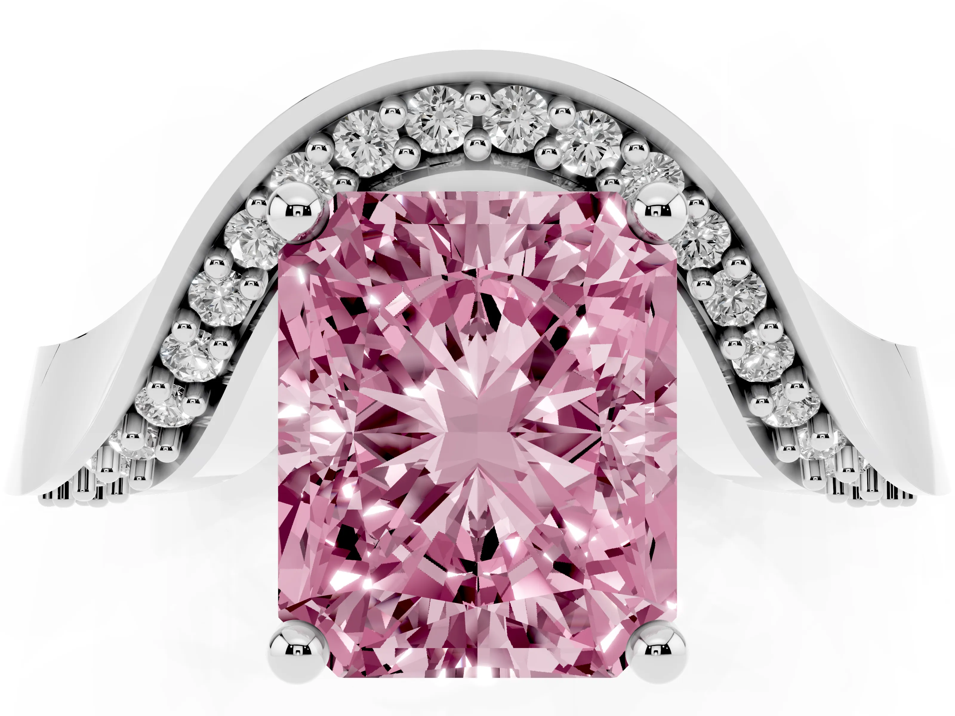 Fancy Pink Radiant Cut Diamond Solitaire Engagement Ring Set in Silver with Pavé Shoulders