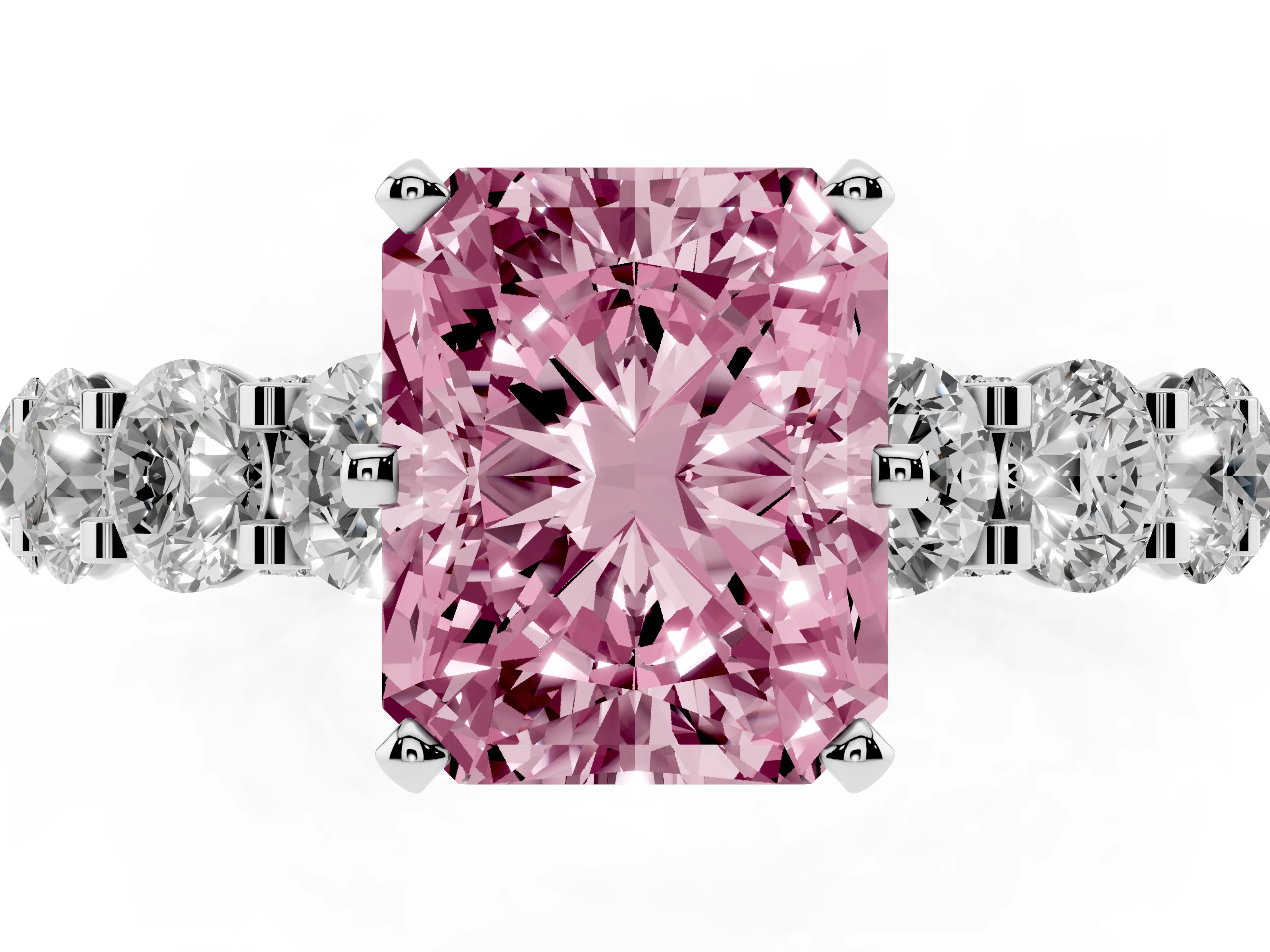 Fancy Pink Radiant Cut Diamond Side Stone Ring Set in Platinum with Alternating Round and Oval Side Stones