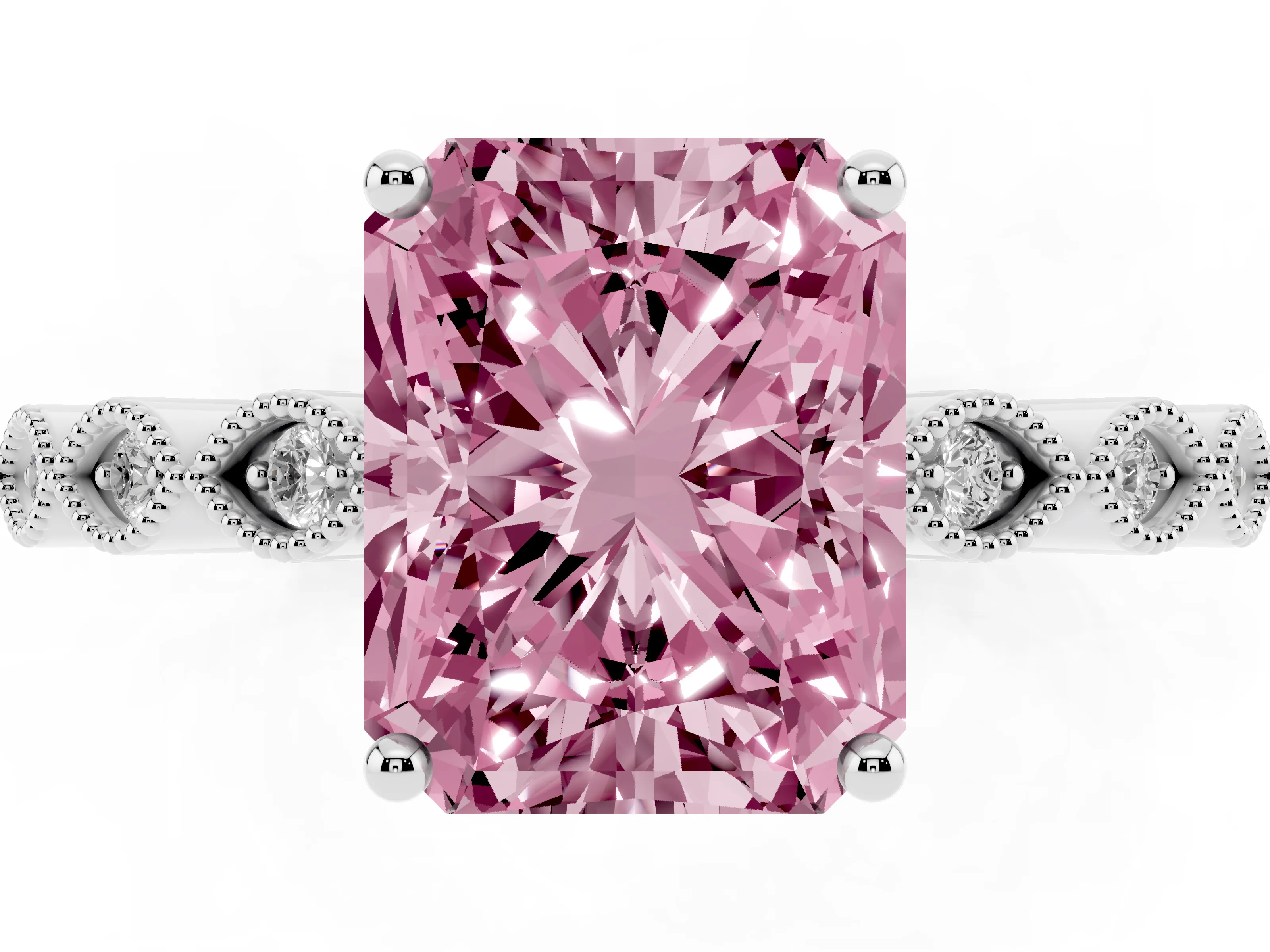 Fancy Pink Radiant Cut Diamond Solitaire Ring Set in Platinum with Infinity Twist Pavé Band