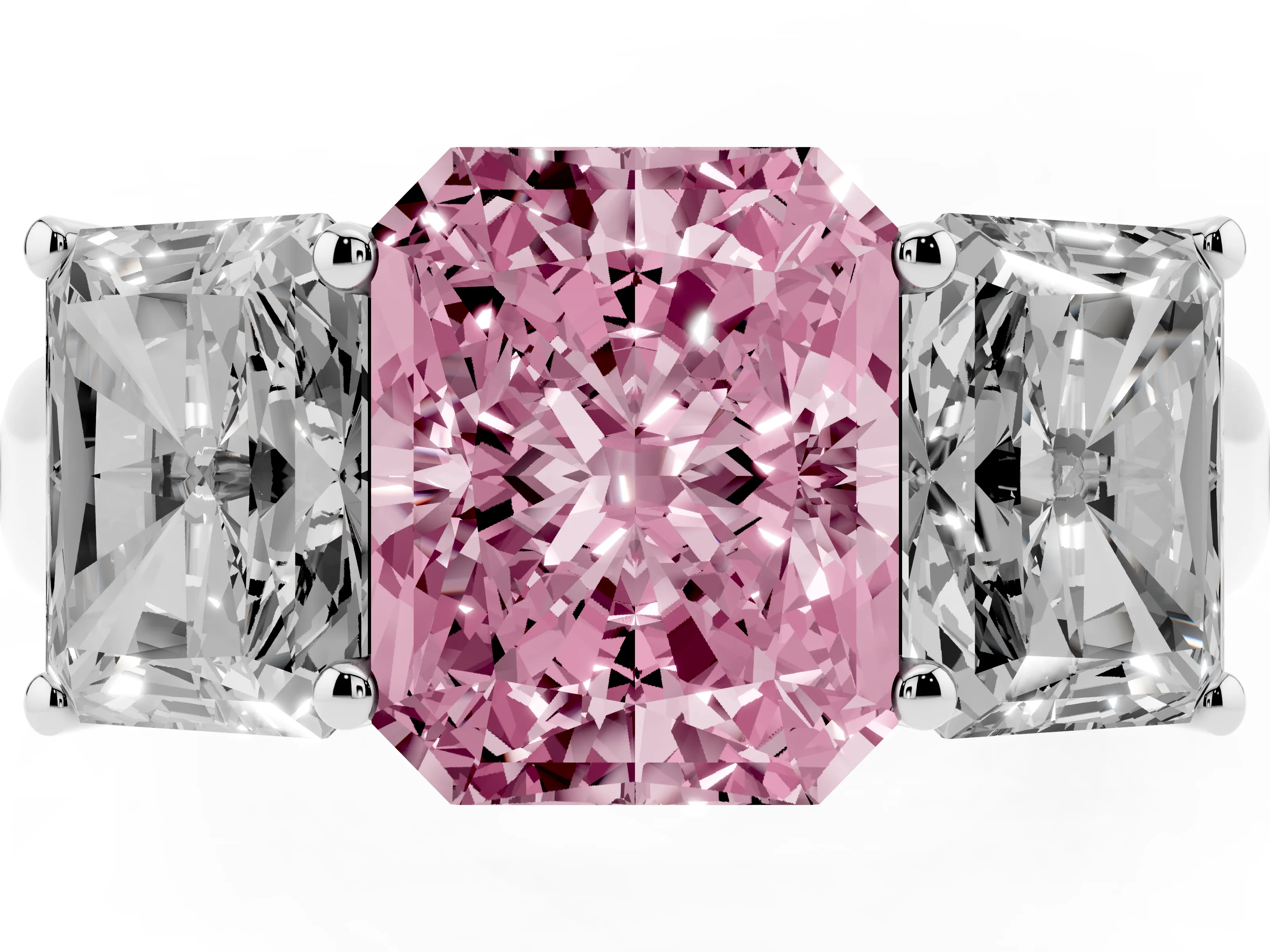 Fancy Pink Radiant Cut Diamond Three-Stone Ring Set in White gold with Plain Polished Band