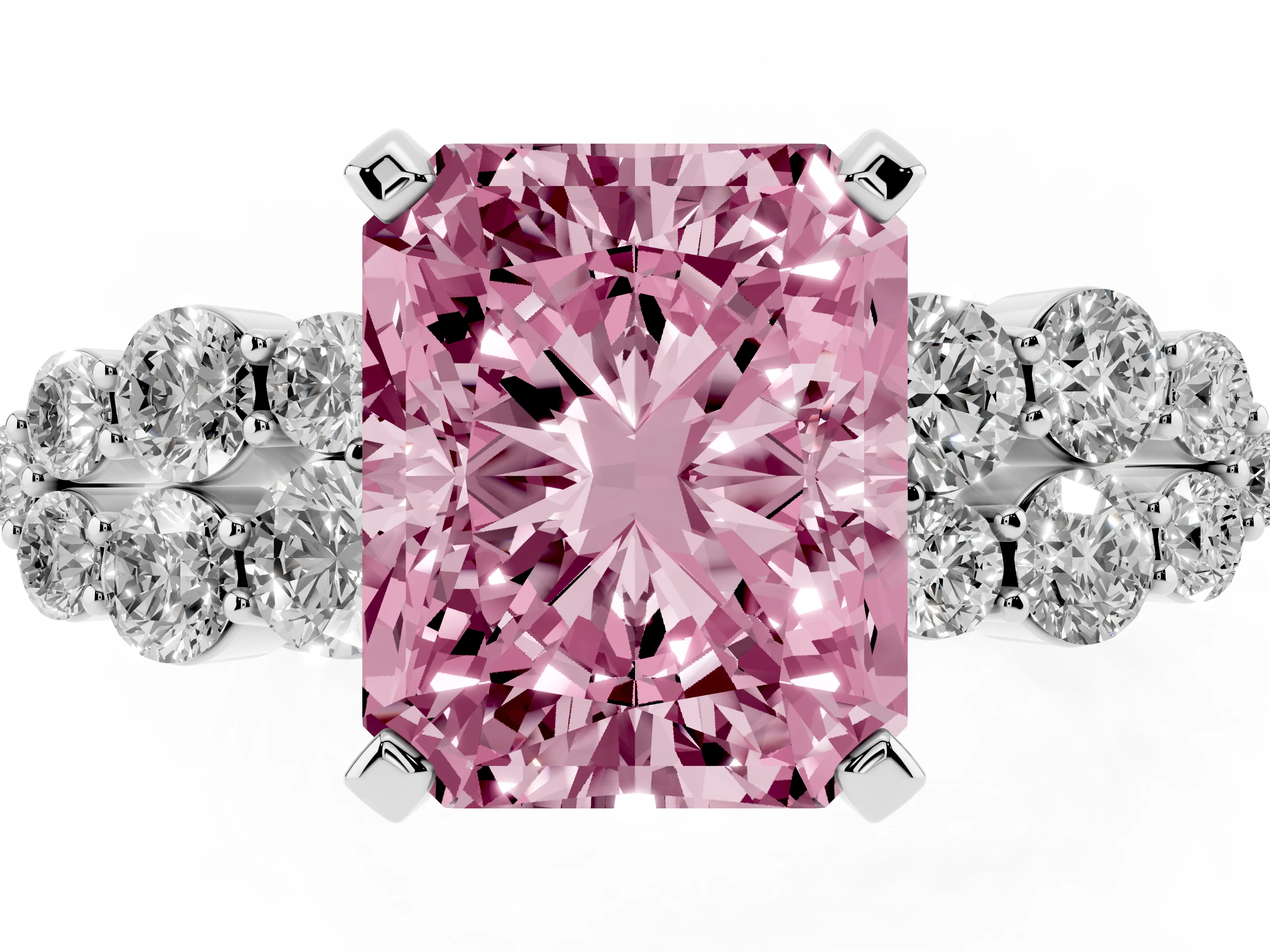 Fancy Pink Radiant Cut Diamond Cluster Engagement Ring Set in White gold with Pavé Band and Prong Setting