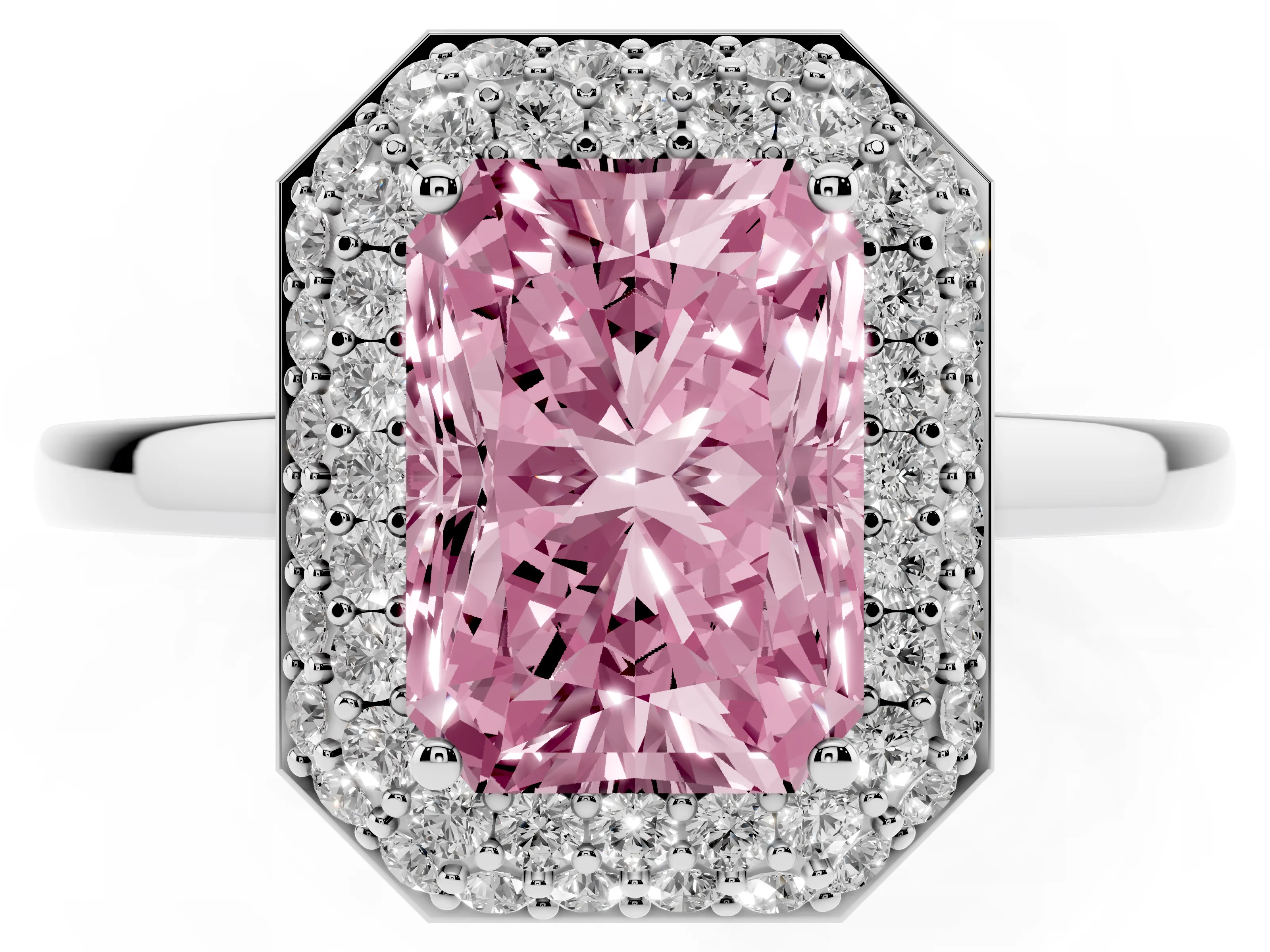 Fancy Pink Radiant Cut Diamond Halo Engagement Ring Set in Platinum with Solitaire Band and Prong Setting