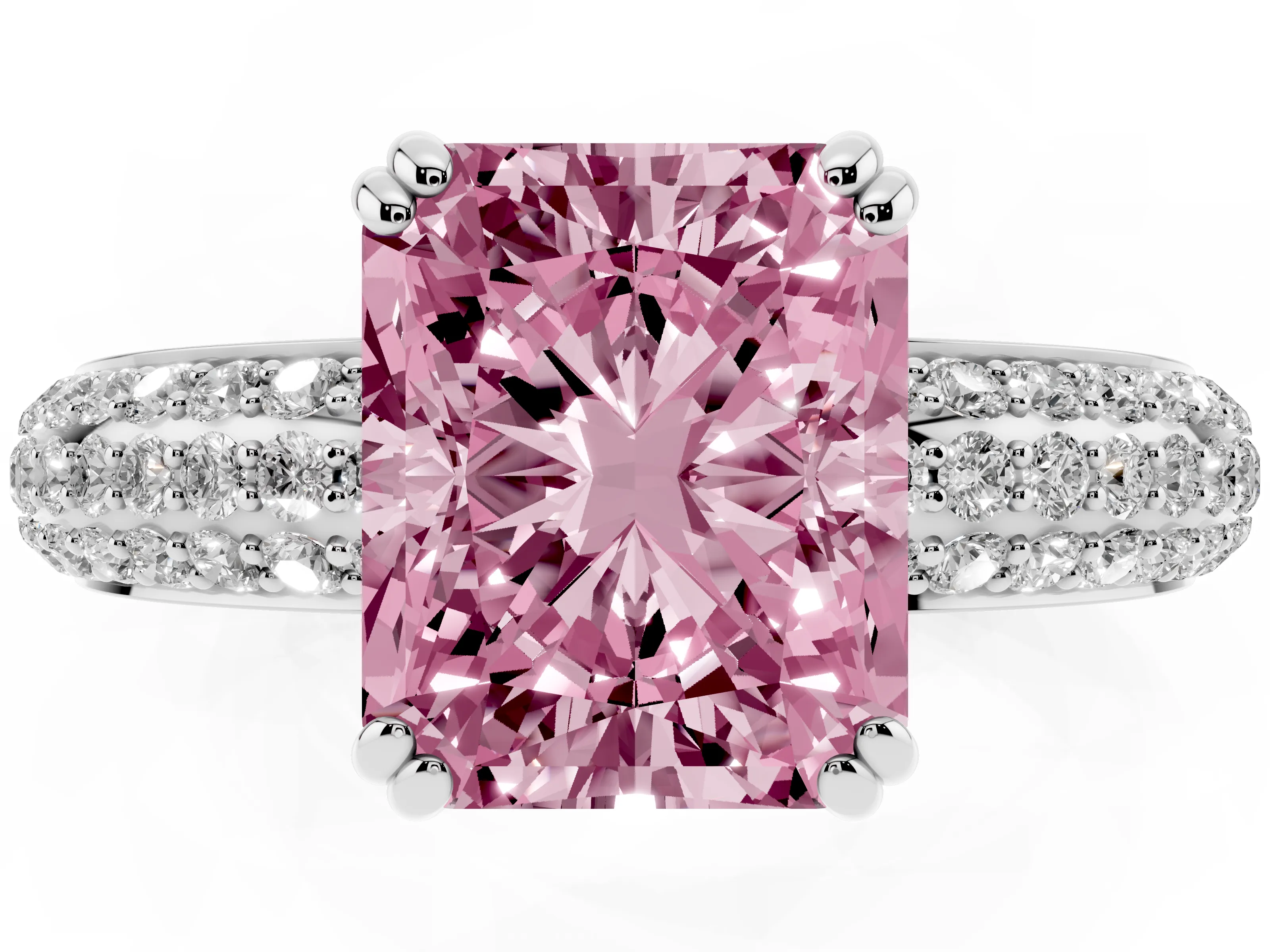 Fancy Pink Radiant Cut Diamond Solitaire Ring Set in Platinum with Multi-Row Round Pavé Band and Prong Setting