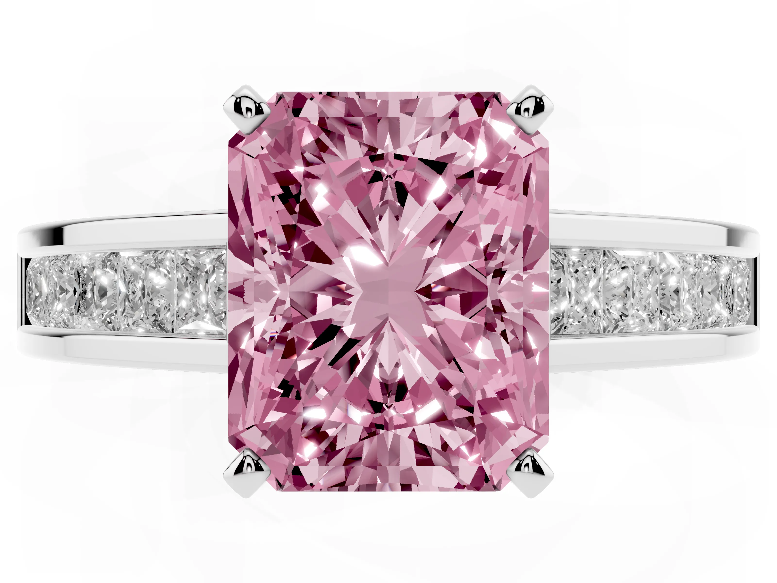 Fancy Pink Radiant Cut Diamond Solitaire Ring Set in White gold with Channel-Set Band and Prong Setting