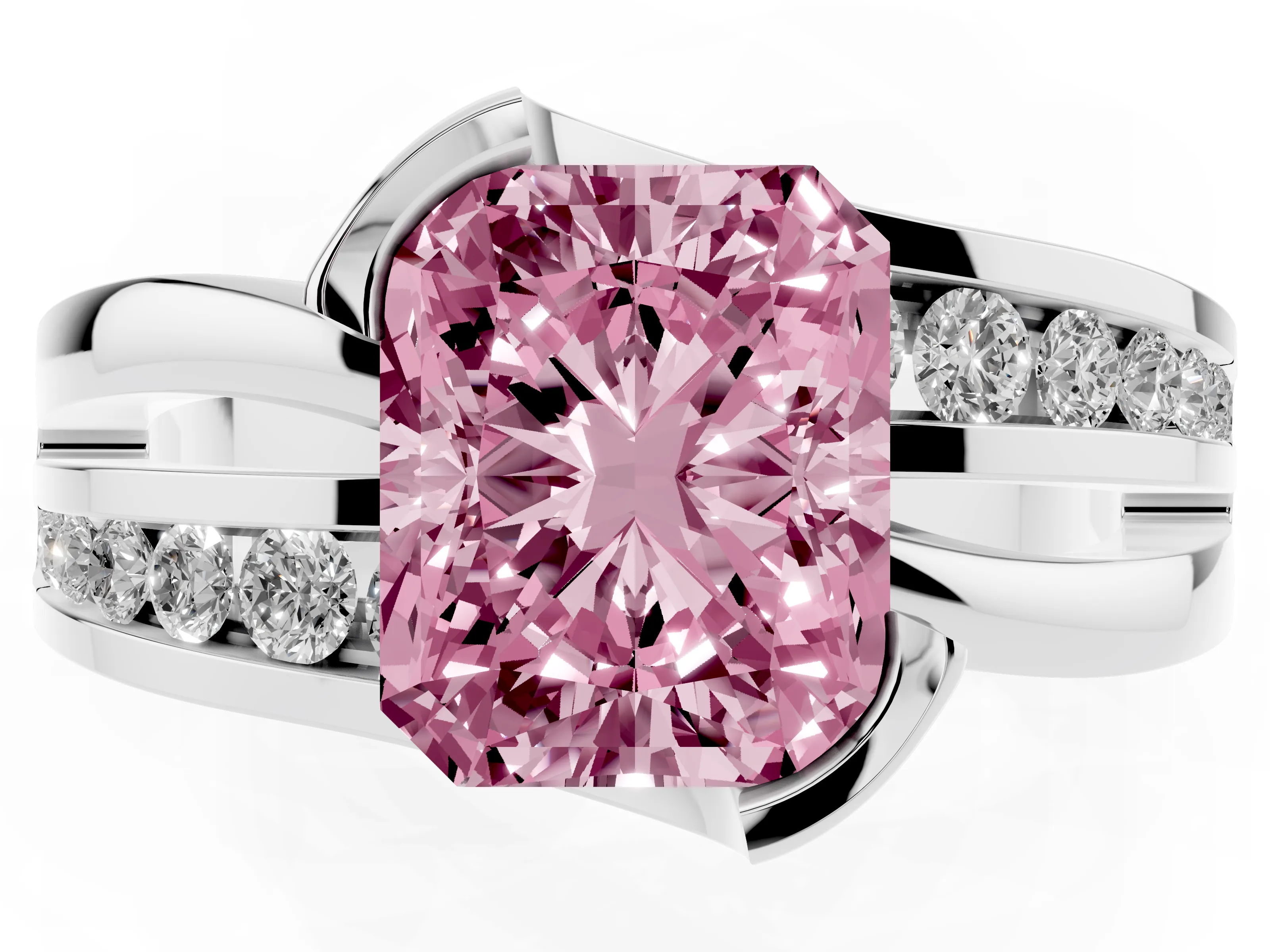Fancy Pink Radiant Cut Diamond Solitaire Ring Set in Platinum with Channel Set Split Shank and Tension Prongs