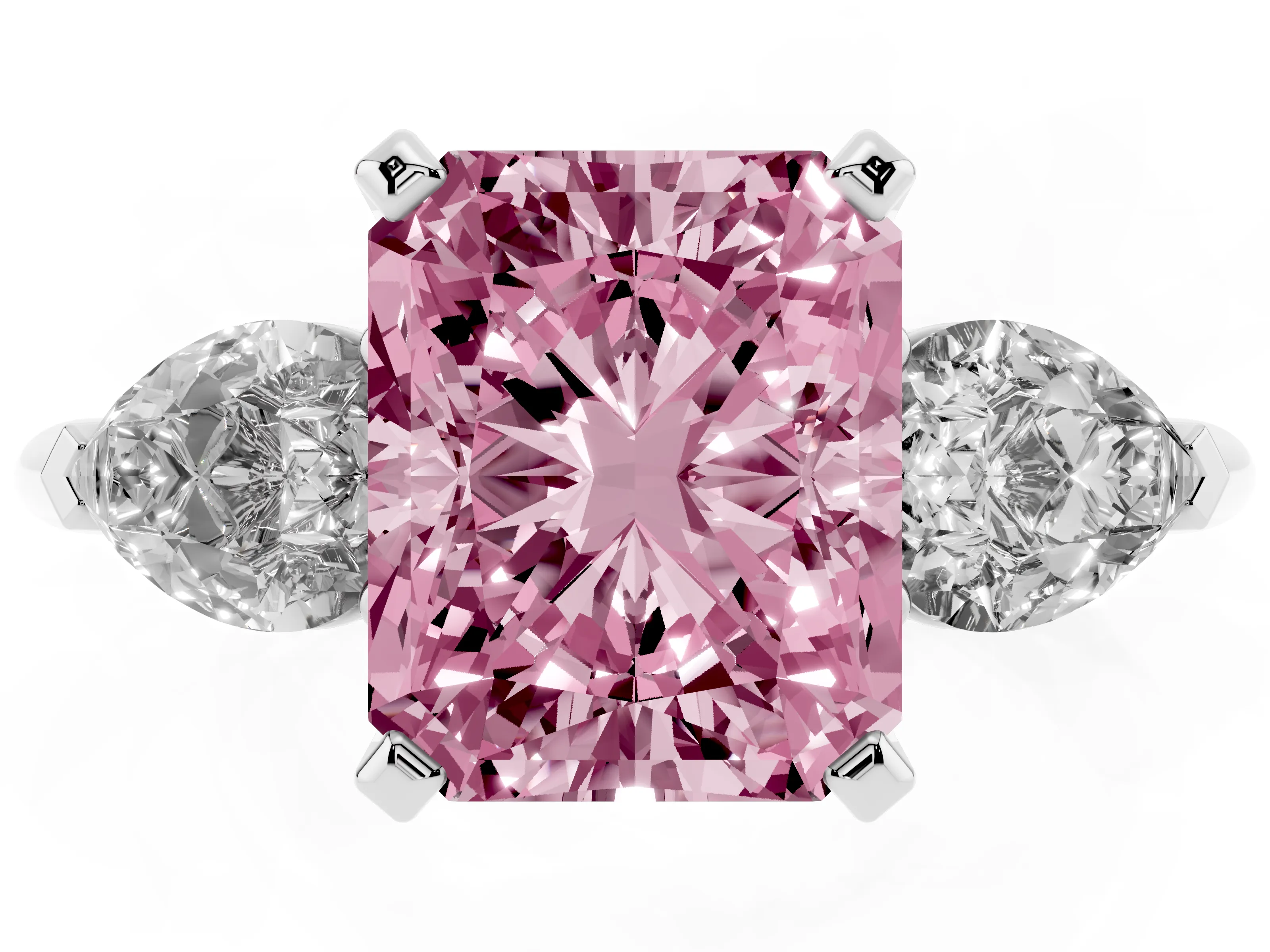 Fancy Pink Three-Stone Radiant Cut Diamond Ring Set in Silver with Pear Side Stones and Prong Setting
