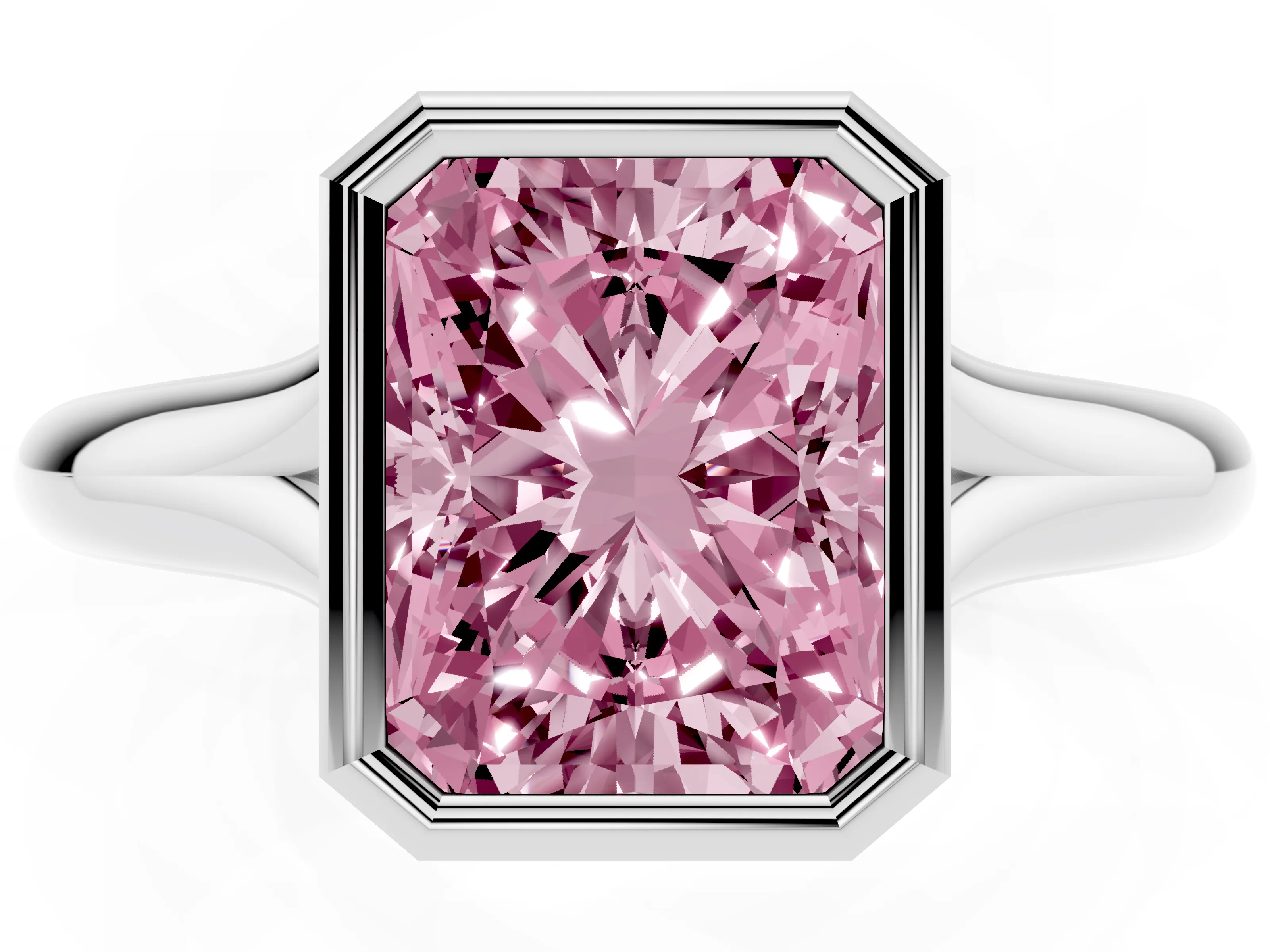 Fancy Pink Bezel Set Radiant Cut Diamond Solitaire Ring Set in Platinum with Smooth Band