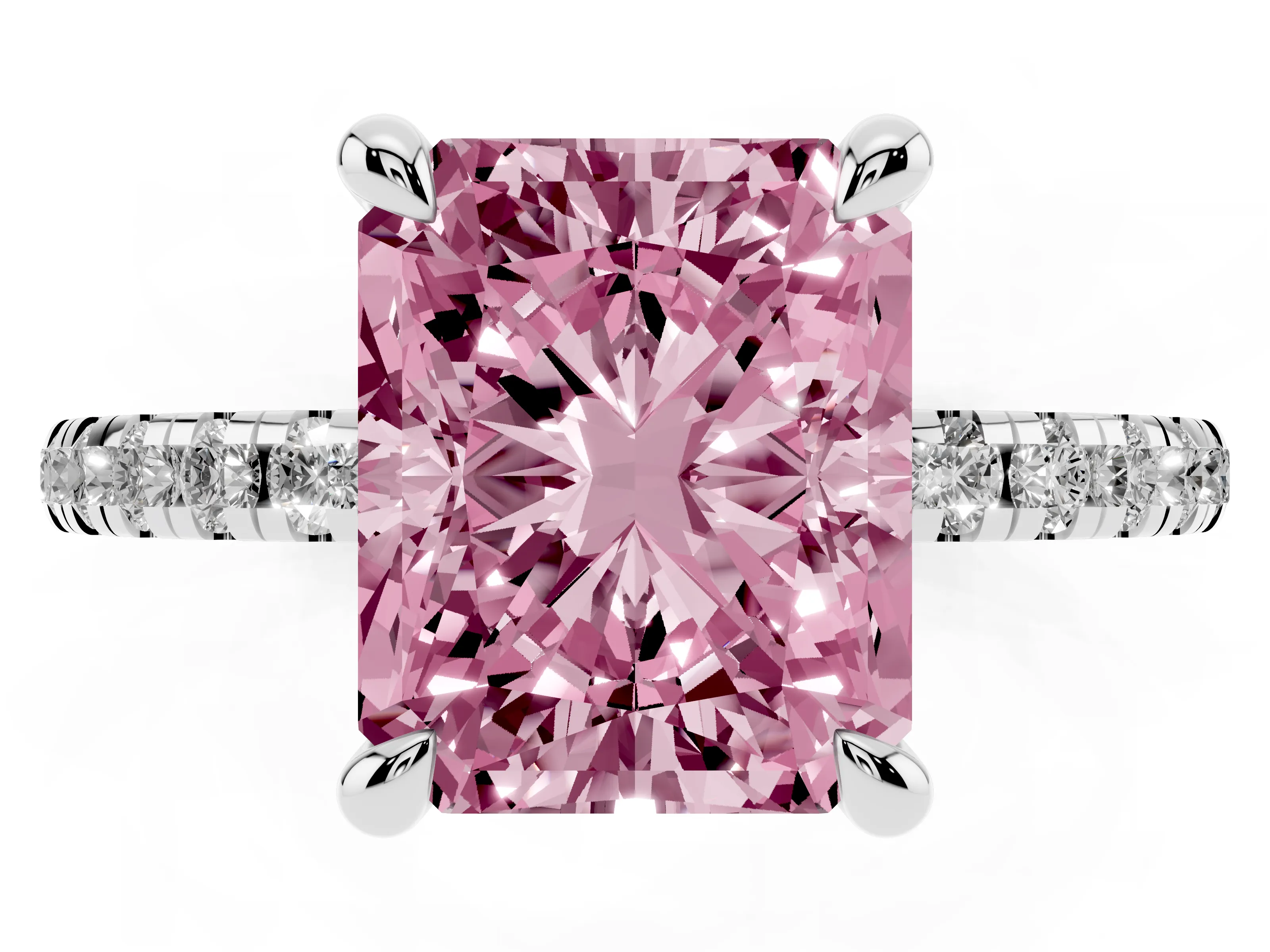 Fancy Pink Radiant Cut Diamond Brilliant Solitaire Ring Set in Platinum with Pavé Band and Prong Setting