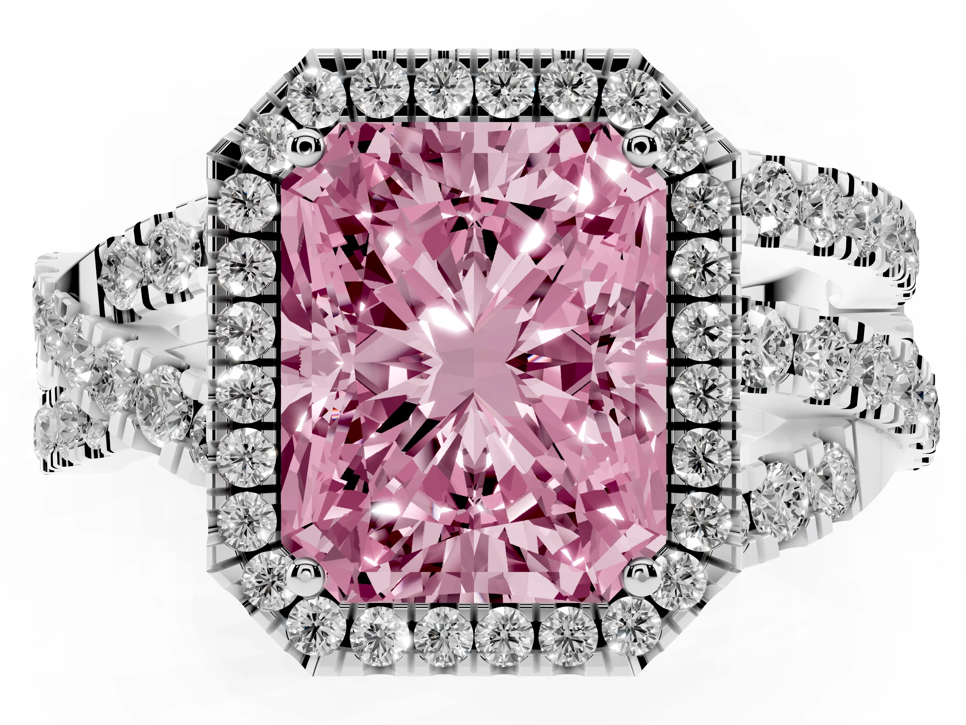 Fancy Pink Radiant Cut Diamond Halo Ring Set in Platinum with Round Crossover Split Shank and Prong Setting