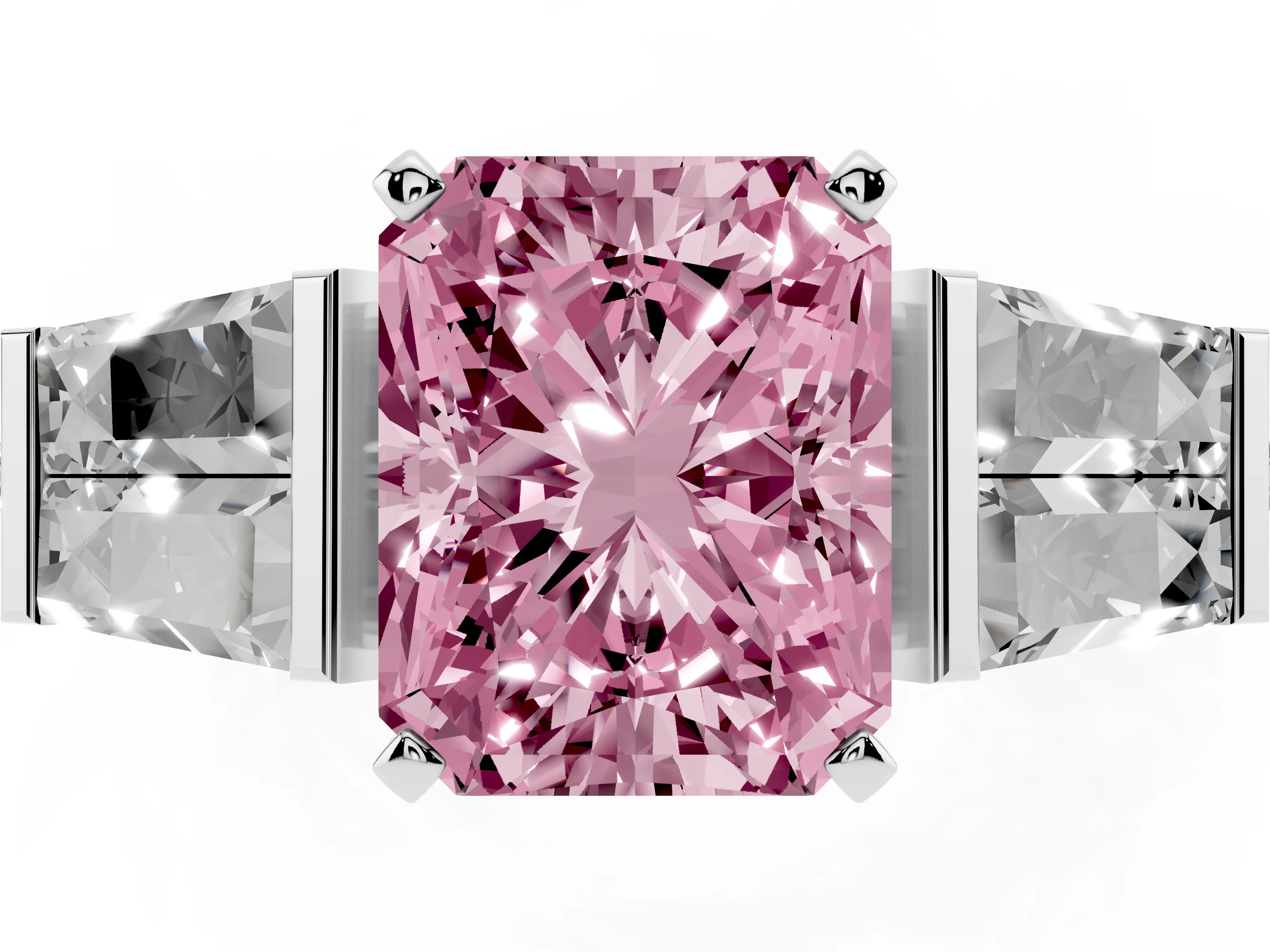 Fancy Pink Radiant Cut Diamond Engagement Ring Set in Silver with Baguette Side Stones and Channel Set Band