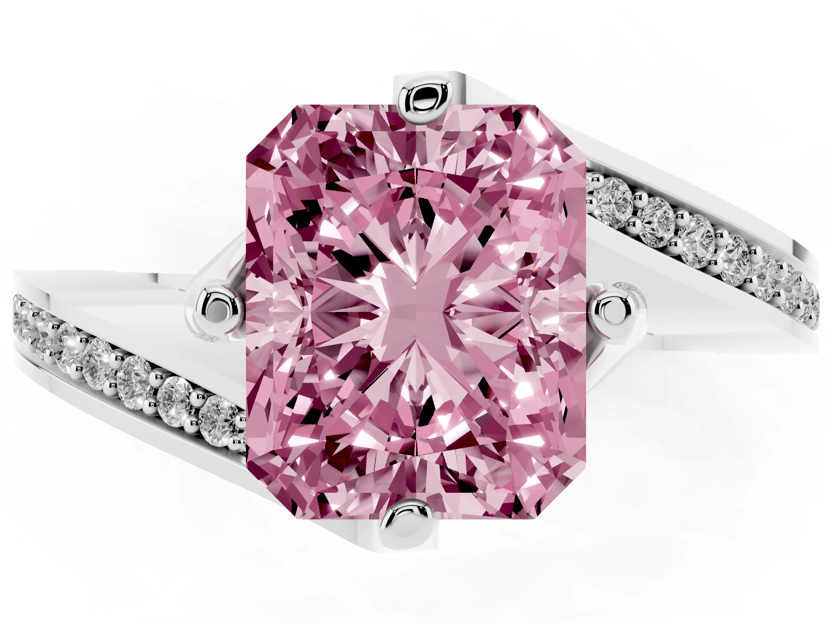 Fancy Pink Radiant Cut Diamond Solitaire Ring Set in White gold with Intertwined Pavé Twist Band