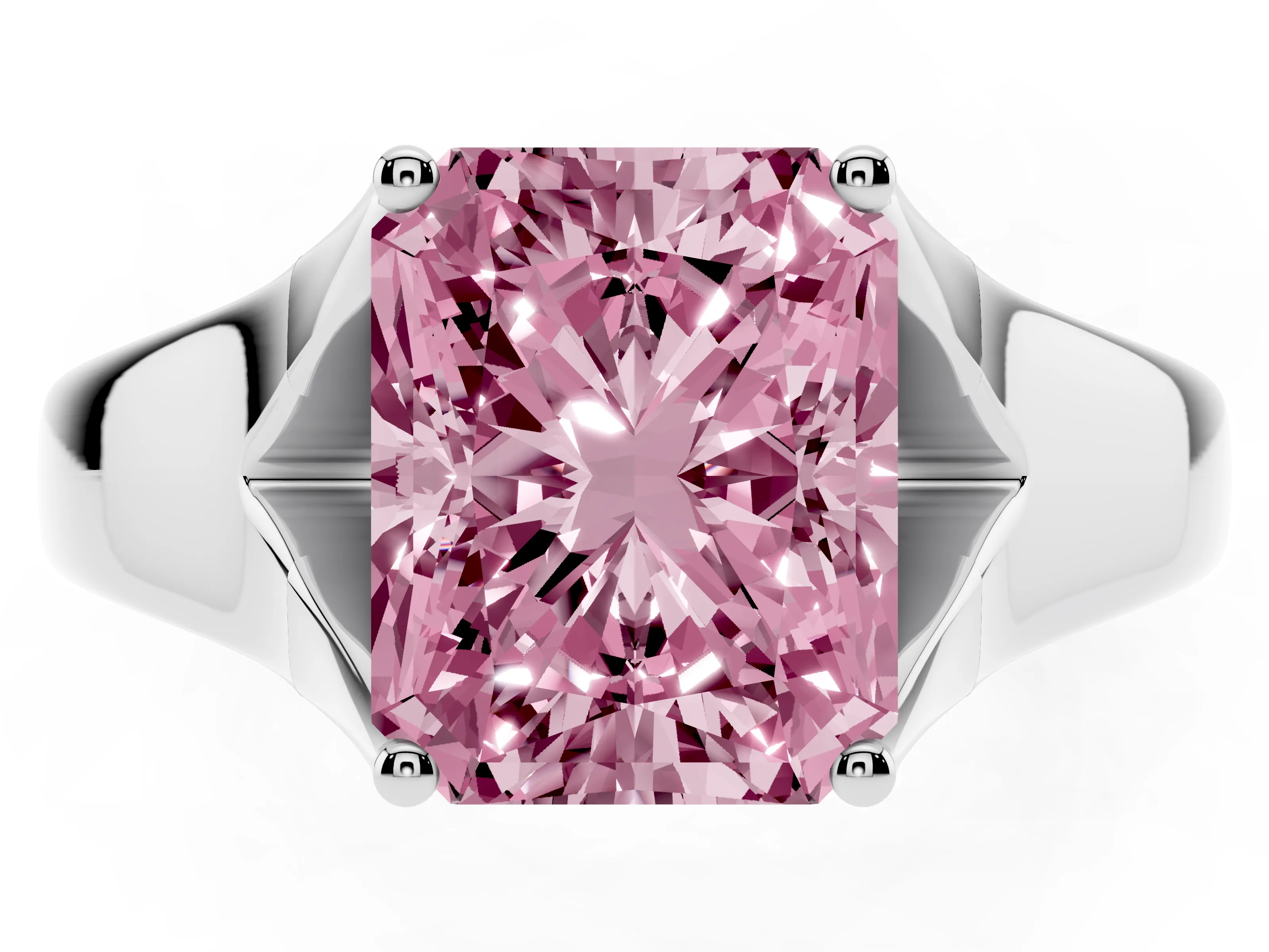 Fancy Pink Radiant Cut Diamond Solitaire Ring Set in White gold with Arched Cathedral Band and Prong Setting