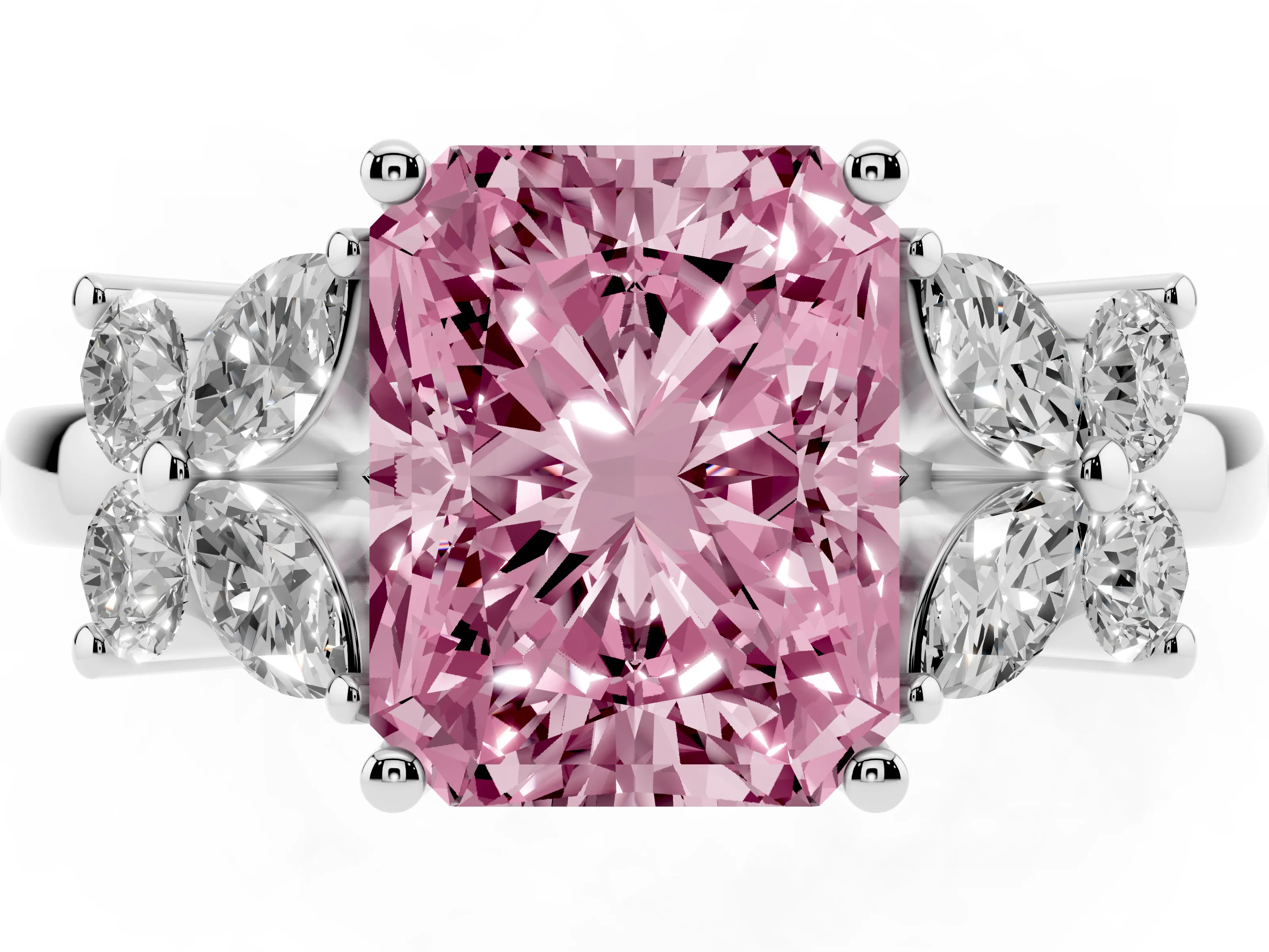 Fancy Pink Radiant Cut Diamond Floral Cluster Ring Set in Platinum with Marquise Petals and Prong Setting