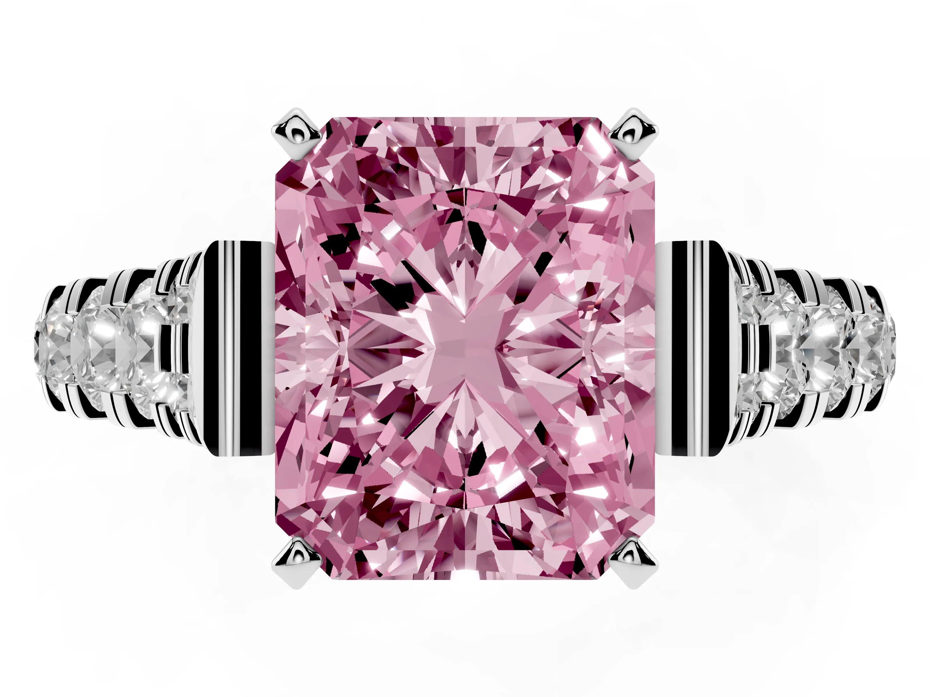 Fancy Pink Radiant Cut Diamond Classic Solitaire Ring Set in White gold with Pavé Band and Prong Setting