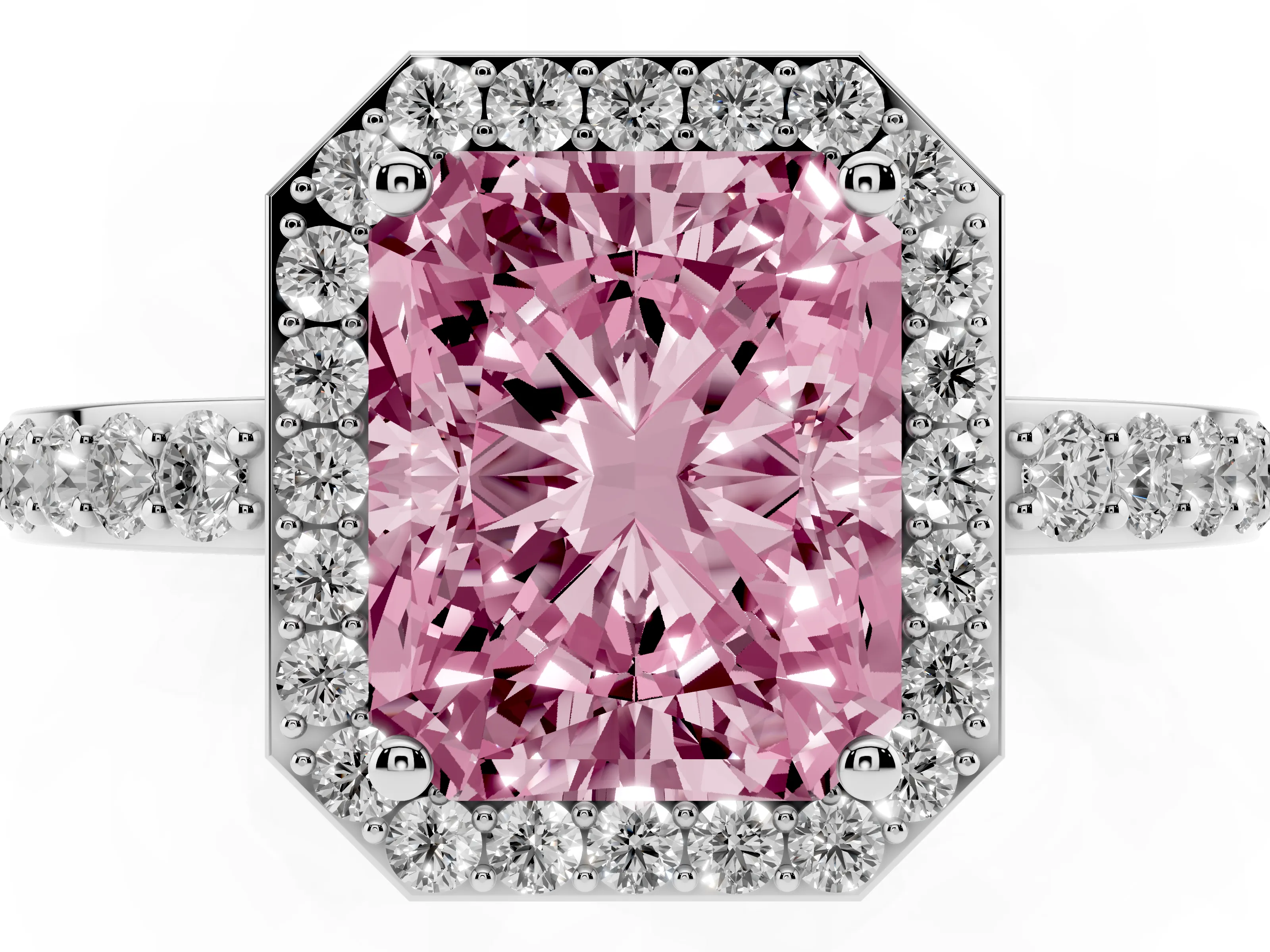 Fancy Pink Radiant Cut Diamond Halo Ring Set in White gold with Pavé-Setting Band and Open Prong Center