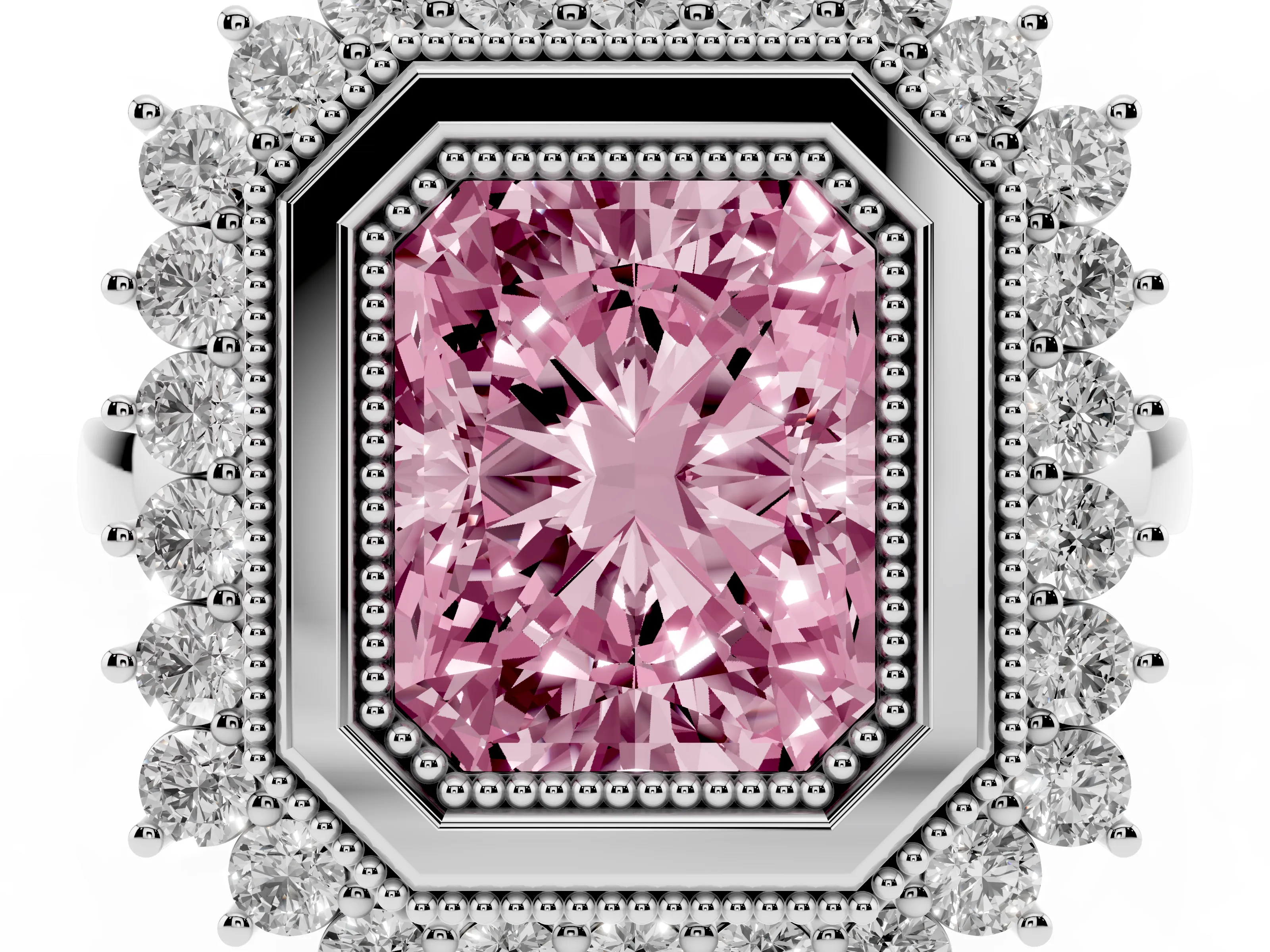 Fancy Pink Radiant Cut Diamond Halo Ring Set in White gold with Milgrain Edge and Round Prong Setting