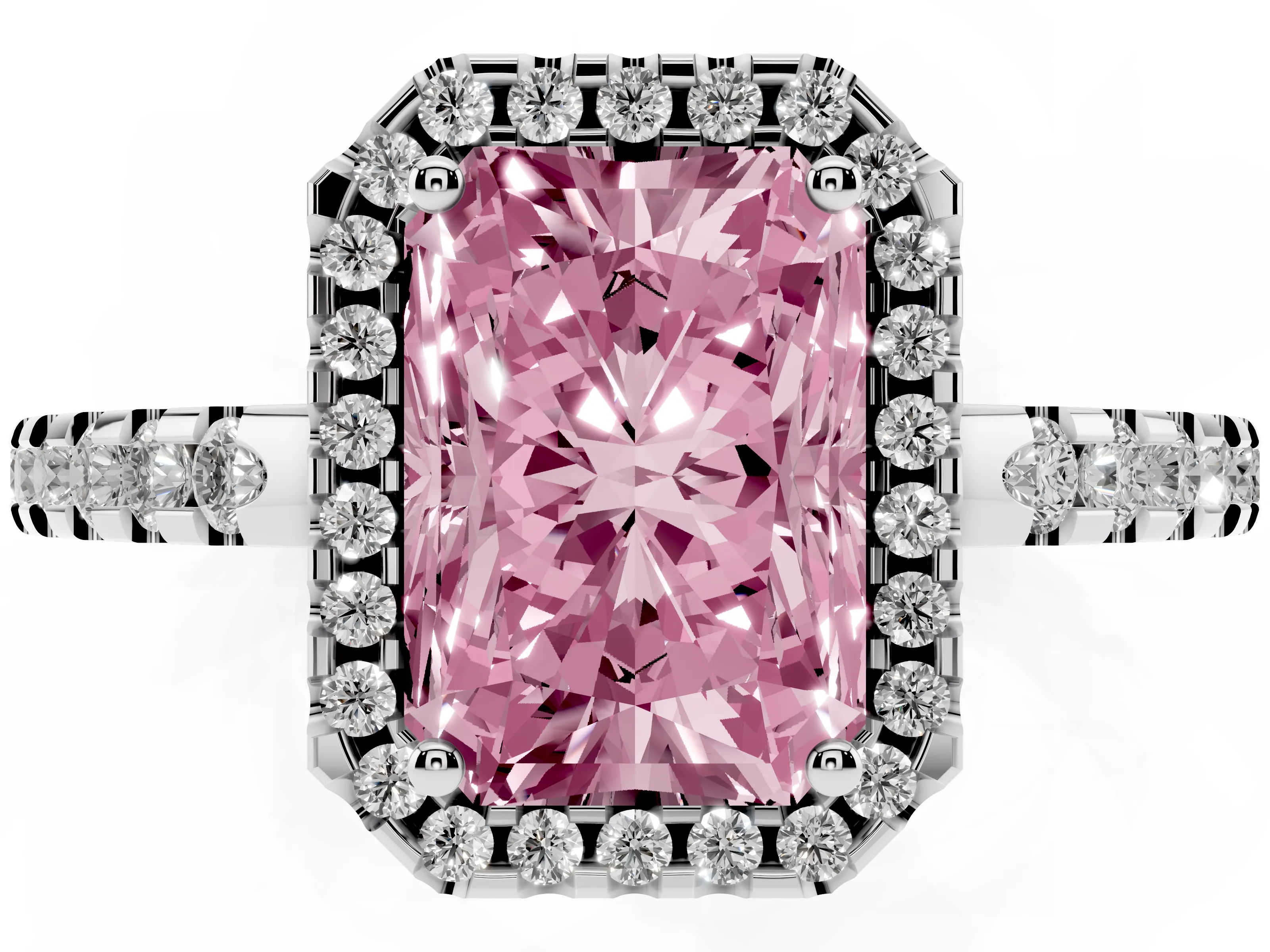 Fancy Pink Radiant Cut Diamond Halo Ring Set in Platinum with Pavé Shoulders and Halo-Framed Center