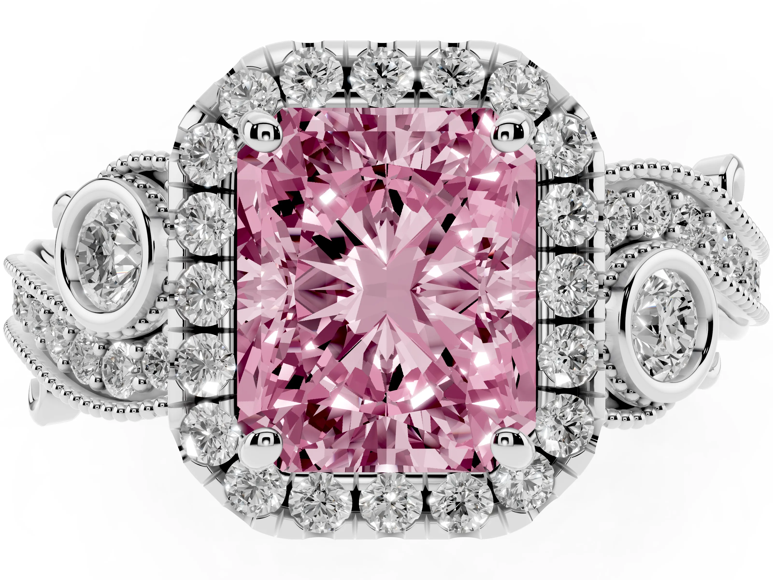 Fancy Pink Radiant Cut Diamond Halo Ring Set in Platinum with Milgrain Pavé Band and Prong Setting