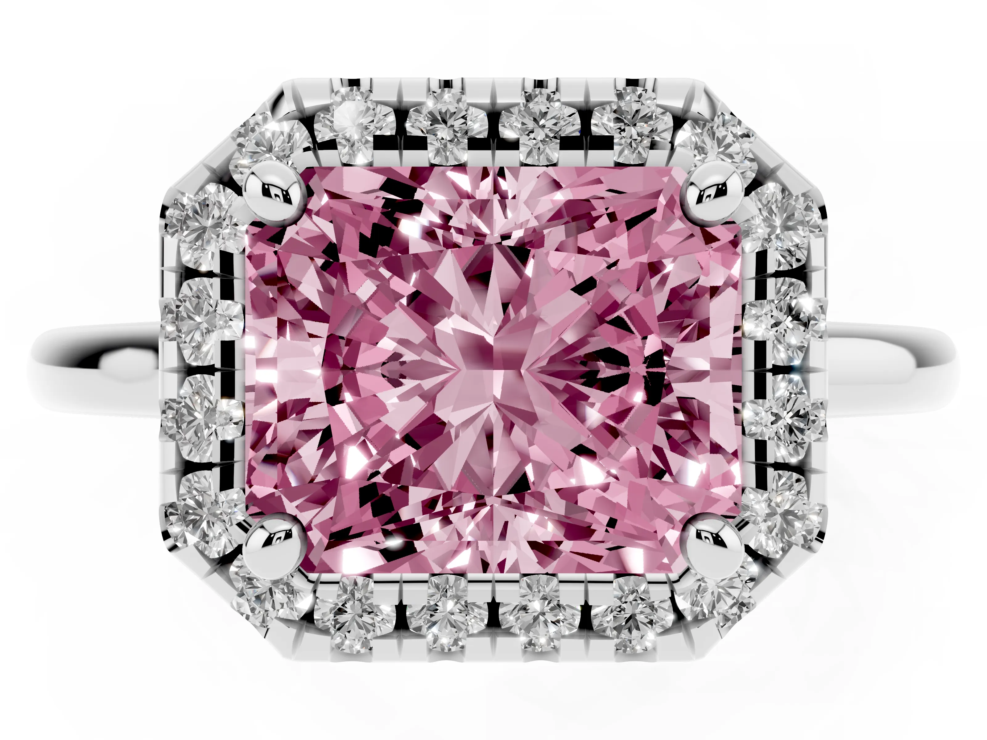 Fancy Pink Radiant Cut Diamond Halo Engagement Ring Set in White gold with Pavé Band and Rising Shoulders