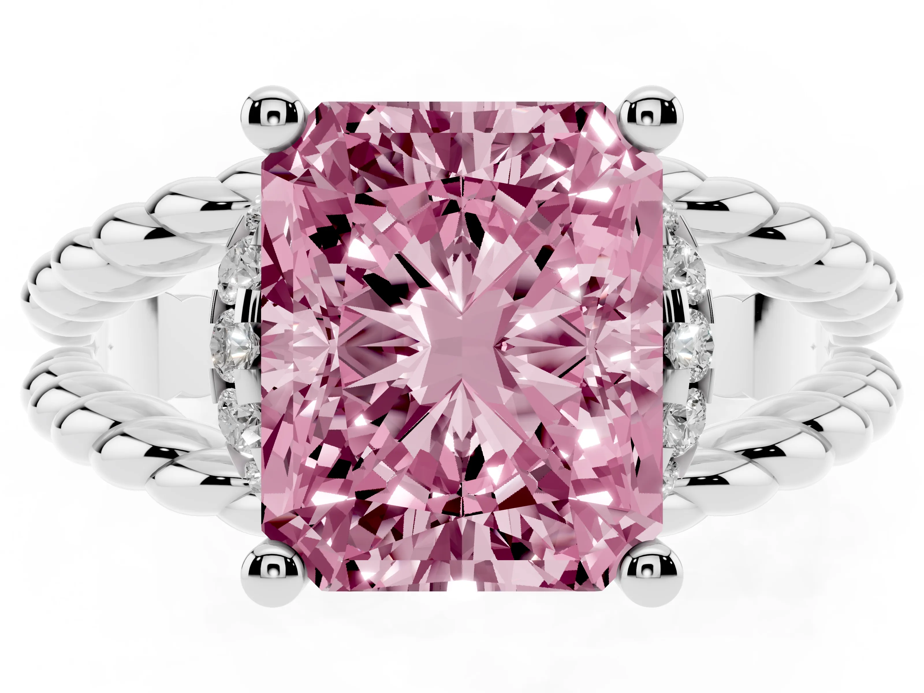 Fancy Pink Radiant Cut Diamond Halo Ring Set in White gold with Twisted Band and Prong Setting