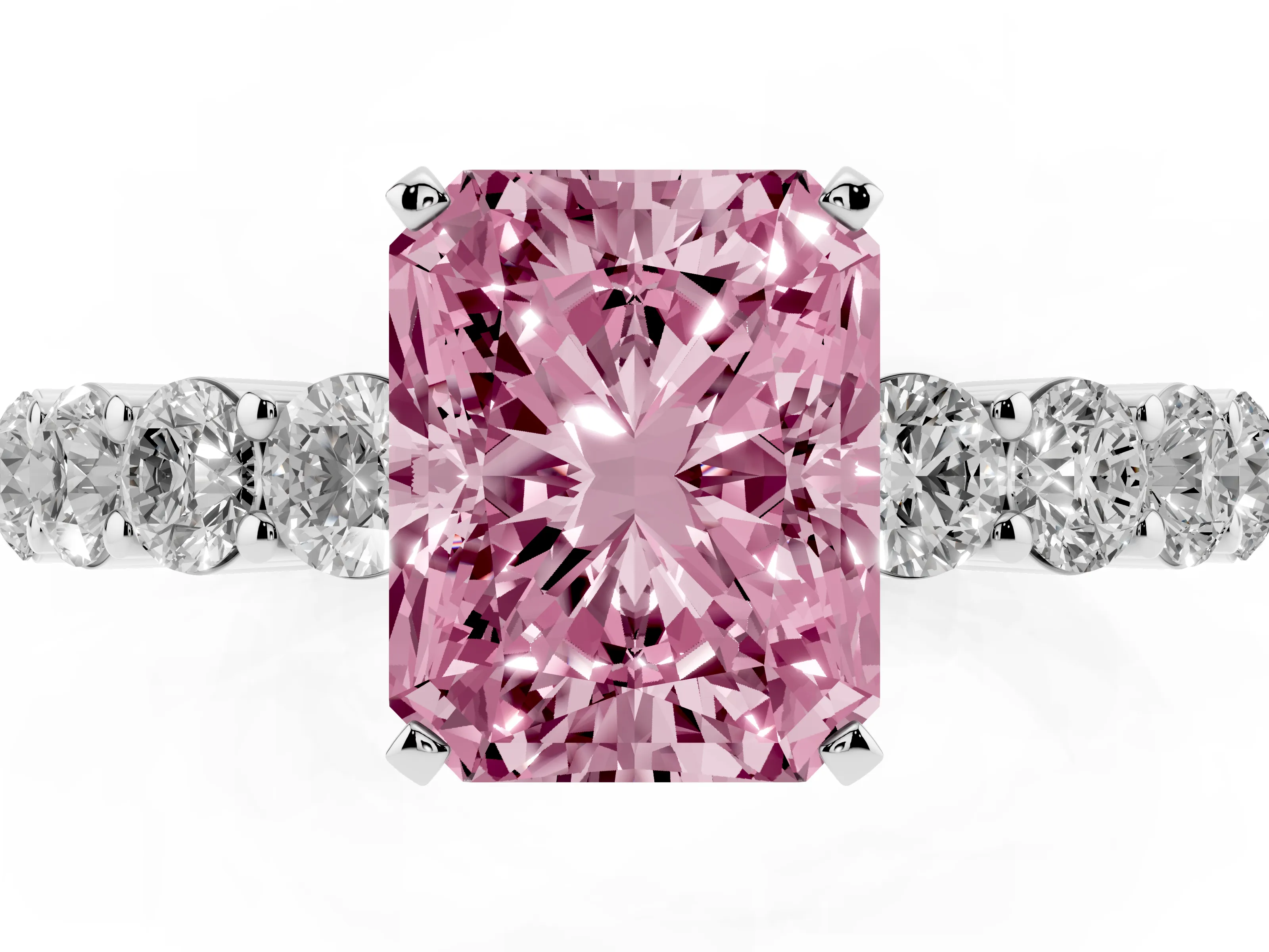 Fancy Pink Radiant Cut Diamond Solitaire Ring Set in Silver with Shared Prong Round Side Stones
