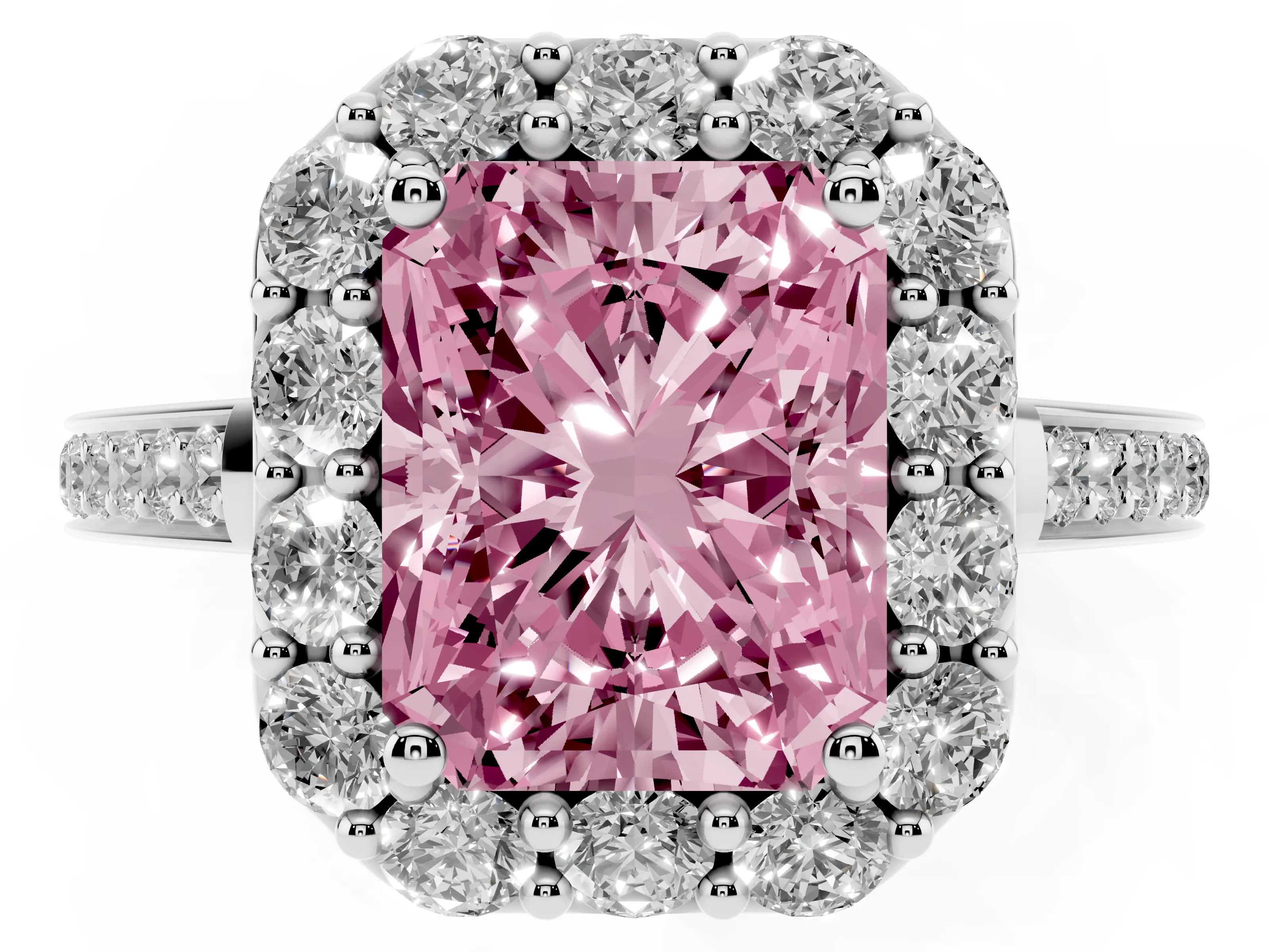 Fancy Pink Radiant Cut Diamond Floral Halo Ring Set in Platinum with Pavé Band and Prong Setting