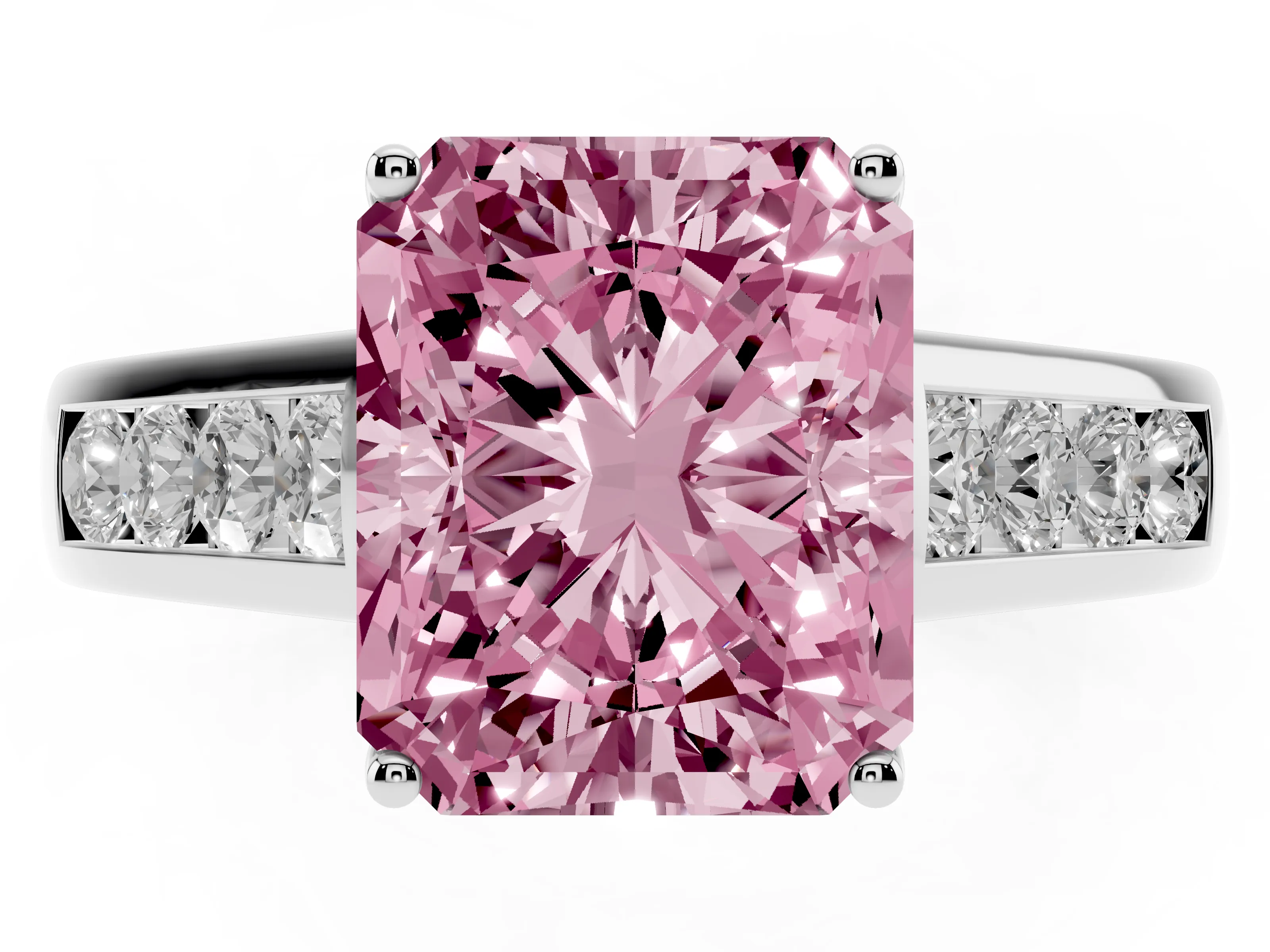 Fancy Pink Radiant Cut Diamond Brilliant Channel-Set Solitaire Ring Set in White gold with Prong Setting