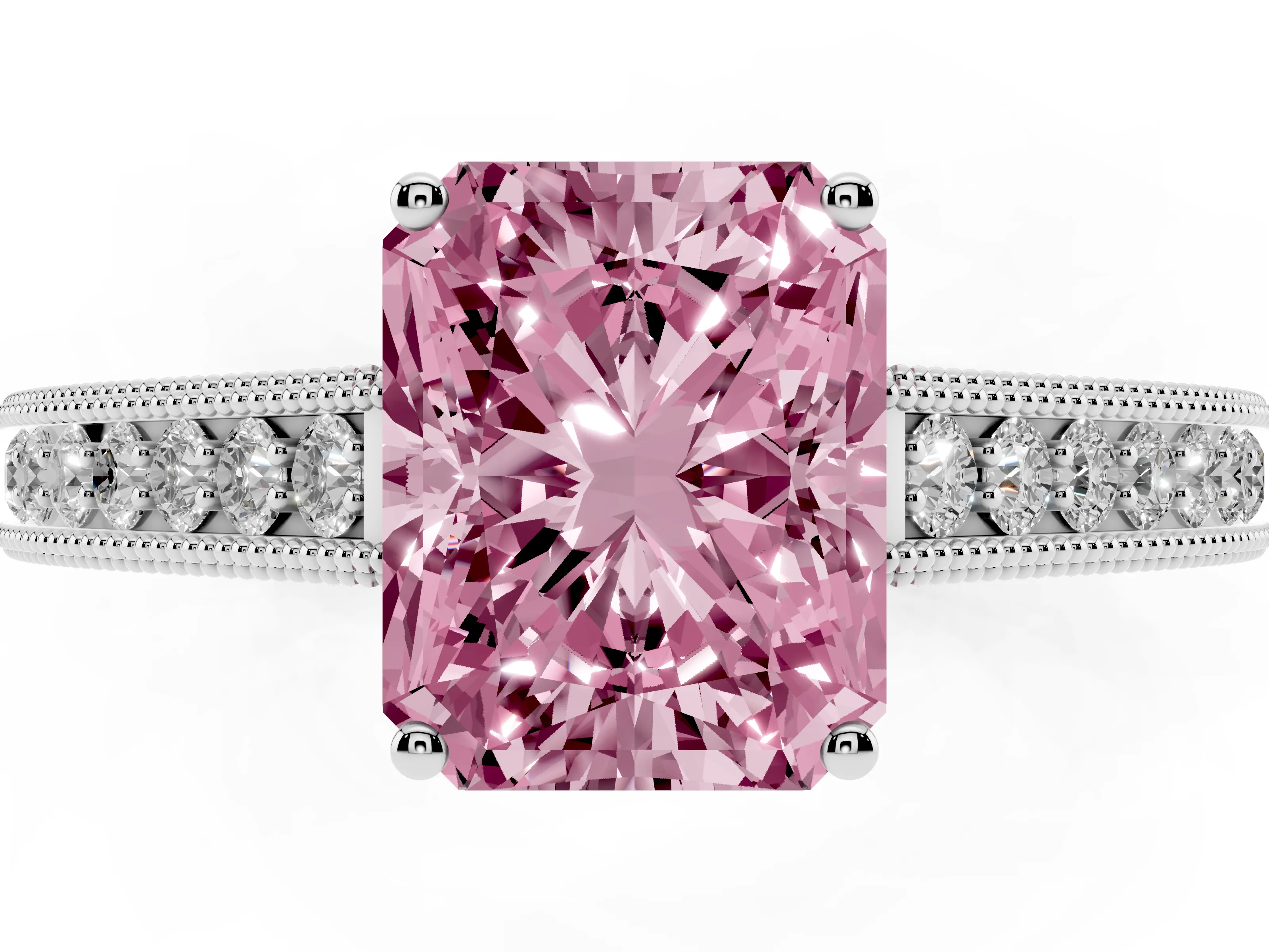 Fancy Pink Radiant Cut Diamond Milgrain Pavé Band Solitaire Ring Set in Platinum with Prong Setting