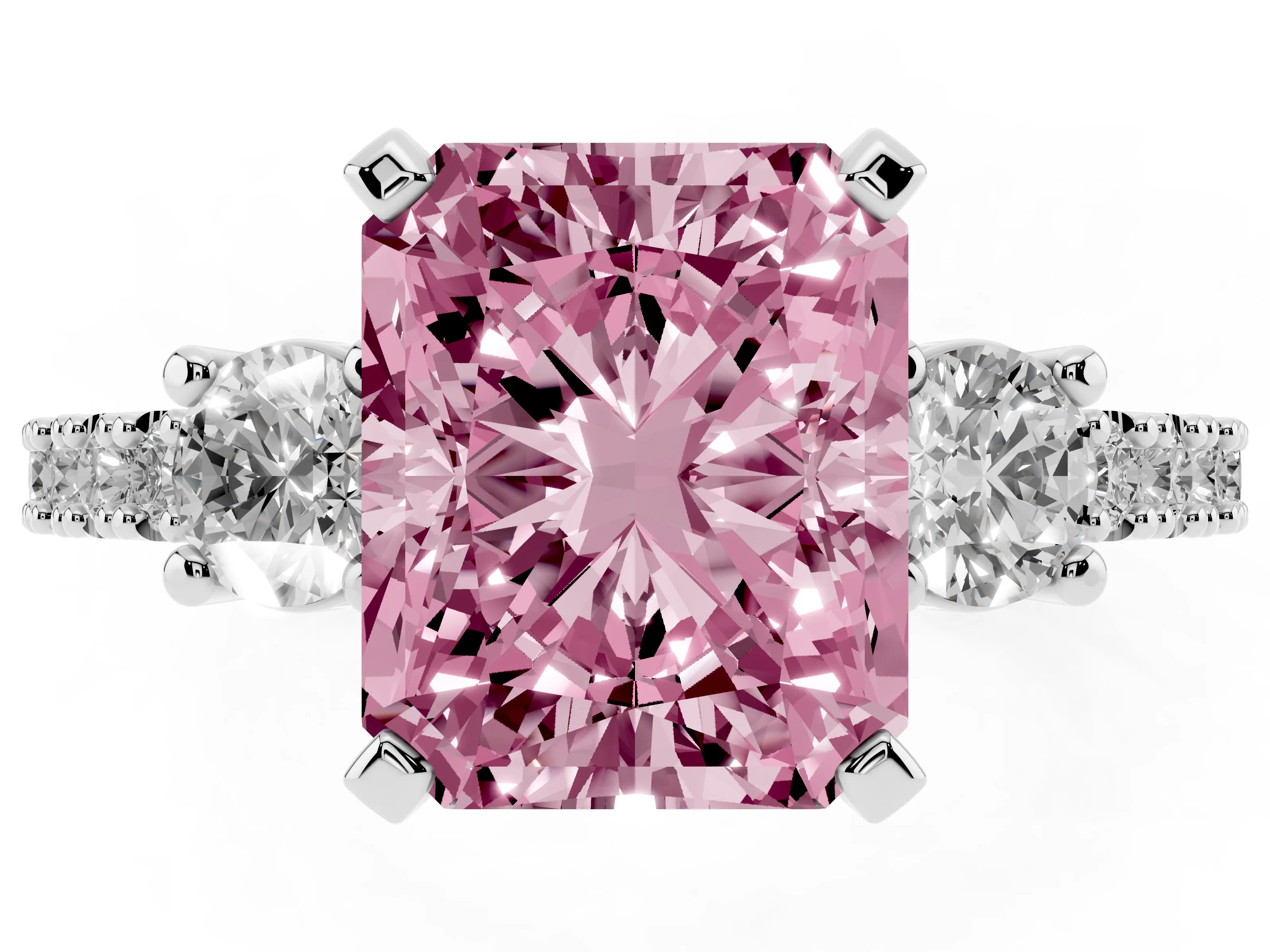Fancy Pink Three-Stone Radiant Cut Diamond Pavé Band Ring Set in White gold with Prong Setting