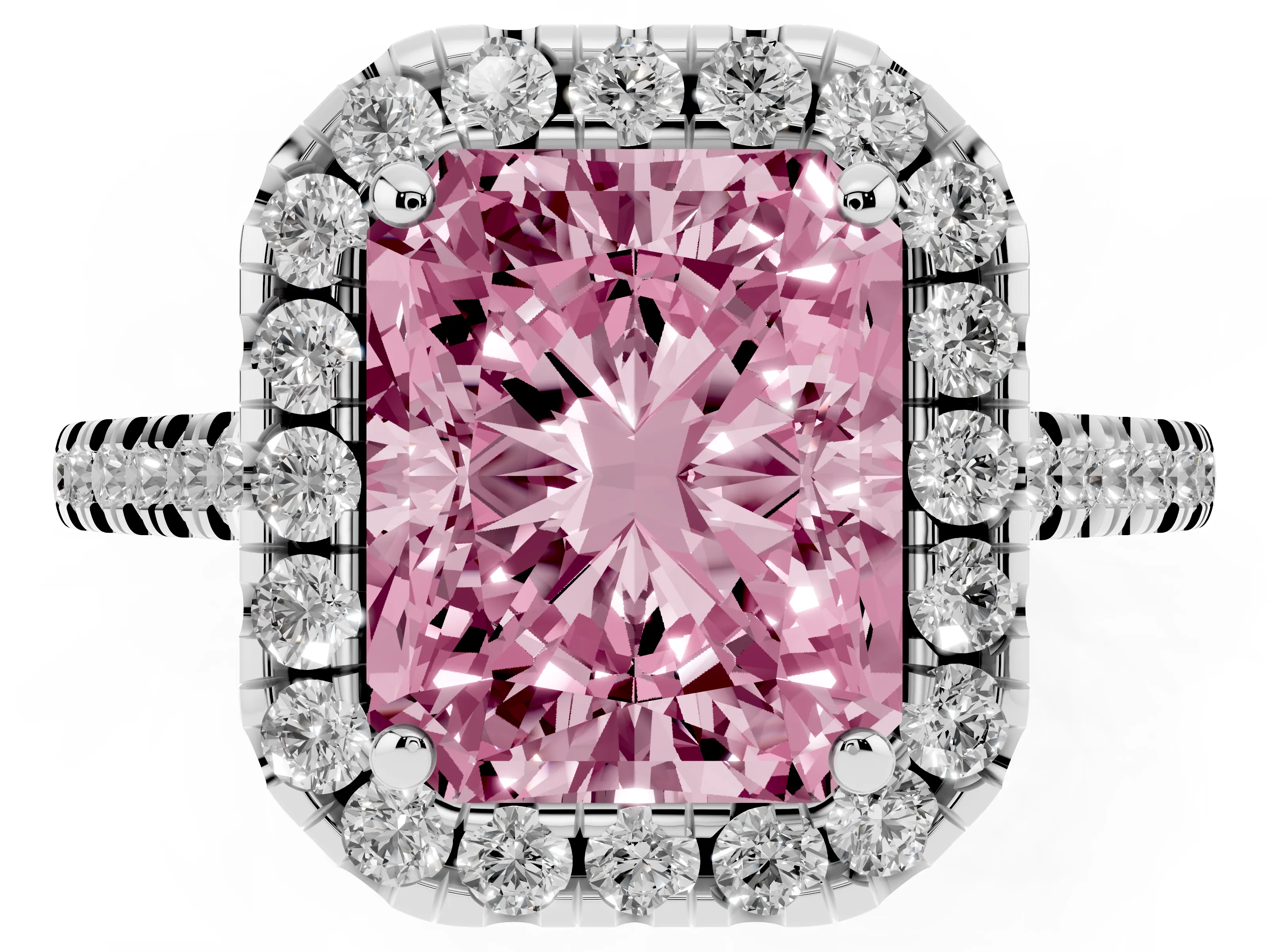 Fancy Pink Radiant Cut Diamond Cushion Halo Ring Set in Silver with Pavé Band