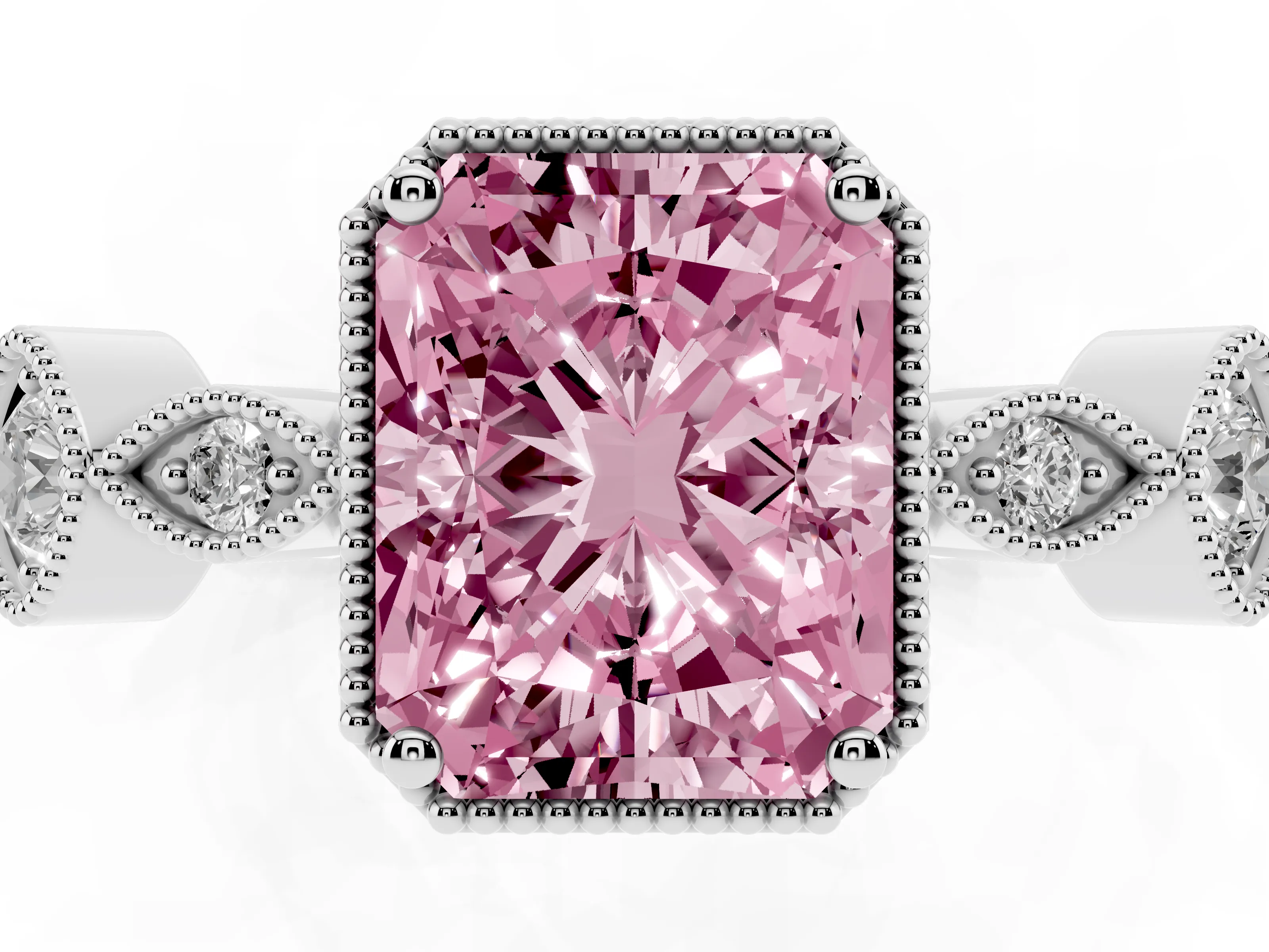 Fancy Pink Radiant Cut Diamond Vintage-Inspired Milgrain Ring Set in Platinum with Marquise Stations of Round Accents