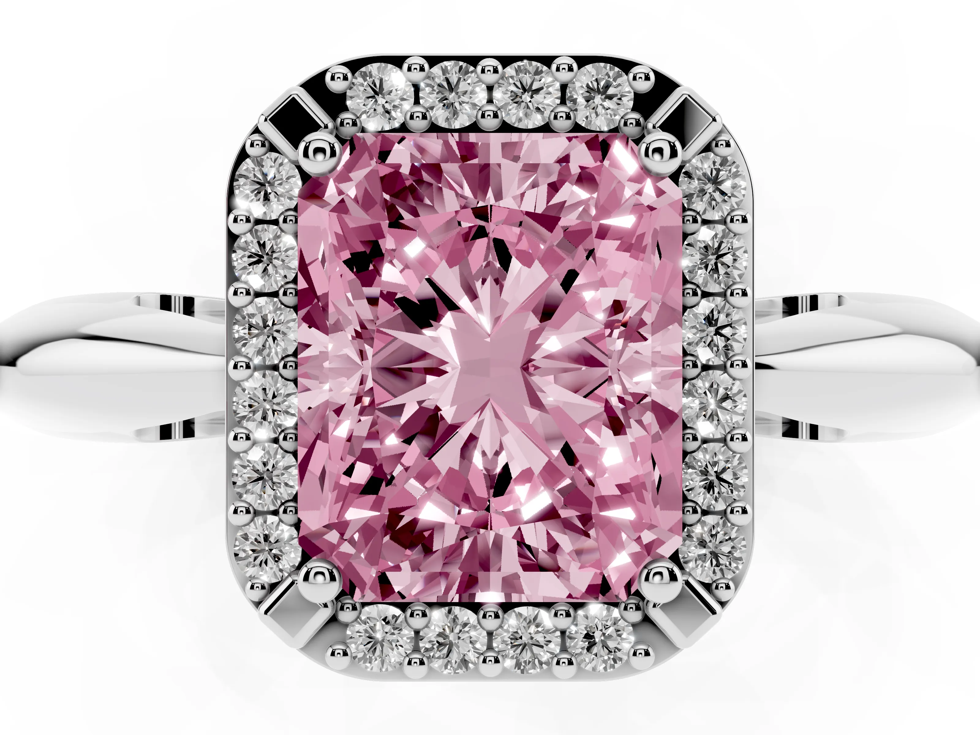 Fancy Pink Radiant Cut Diamond Halo Engagement Ring Set in Platinum with Plain Split Shank and Prong Setting