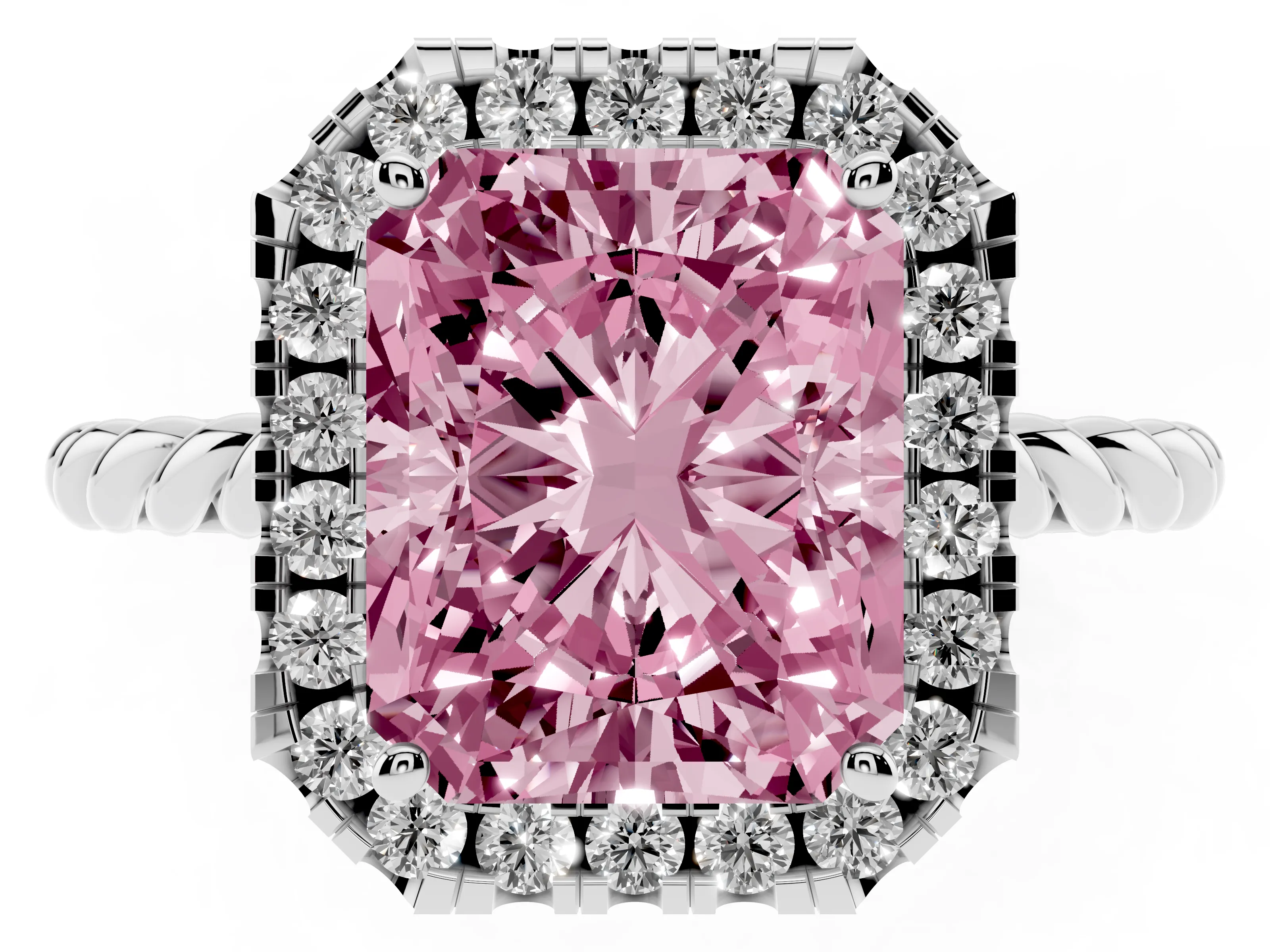 Fancy Pink Radiant Cut Diamond Halo Ring Set in Platinum with Plain Twisted Band