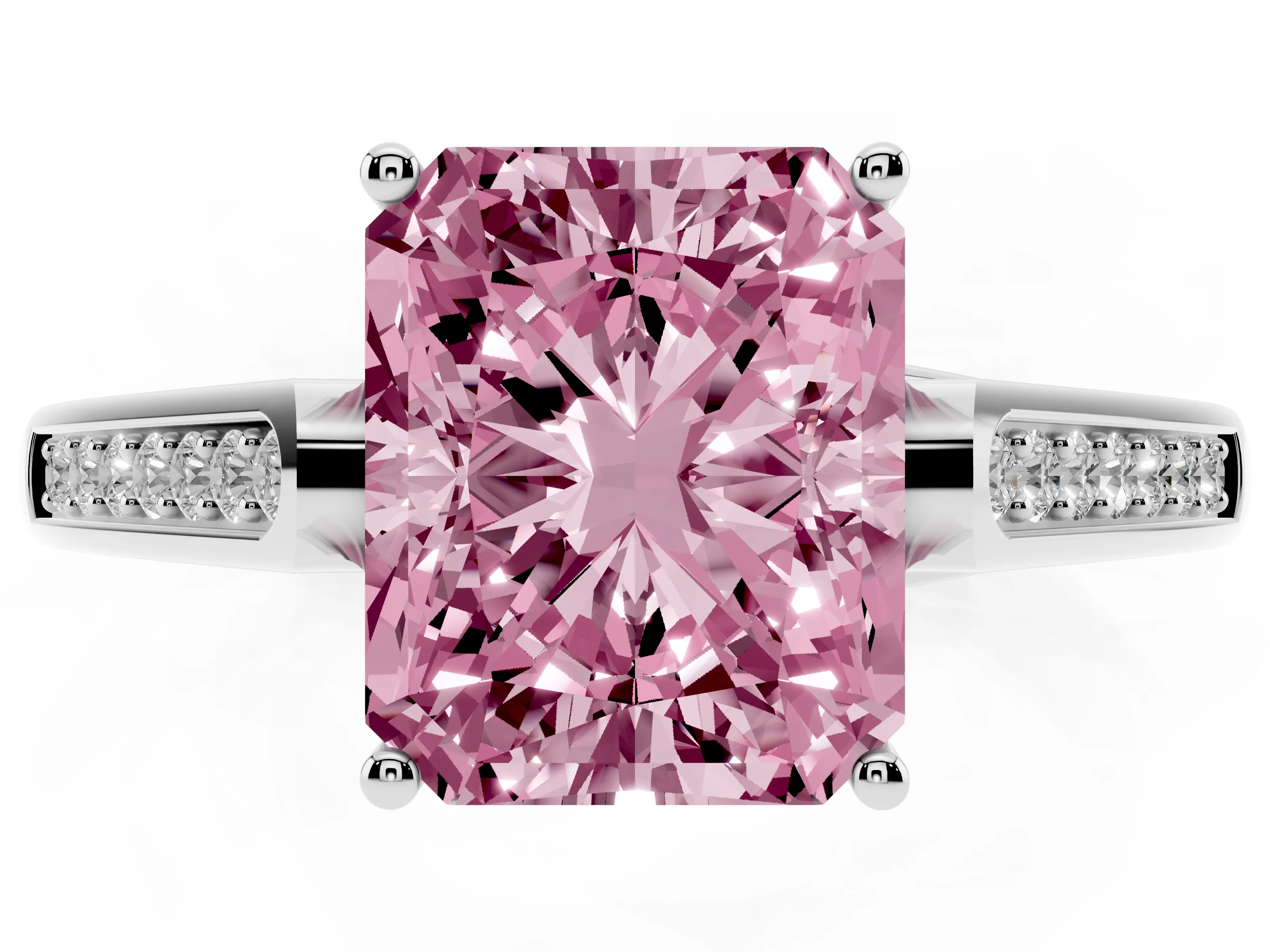 Fancy Pink Radiant Cut Diamond Solitaire Cathedral Engagement Ring Set in Platinum with Channel-Set Band and Prong Setting