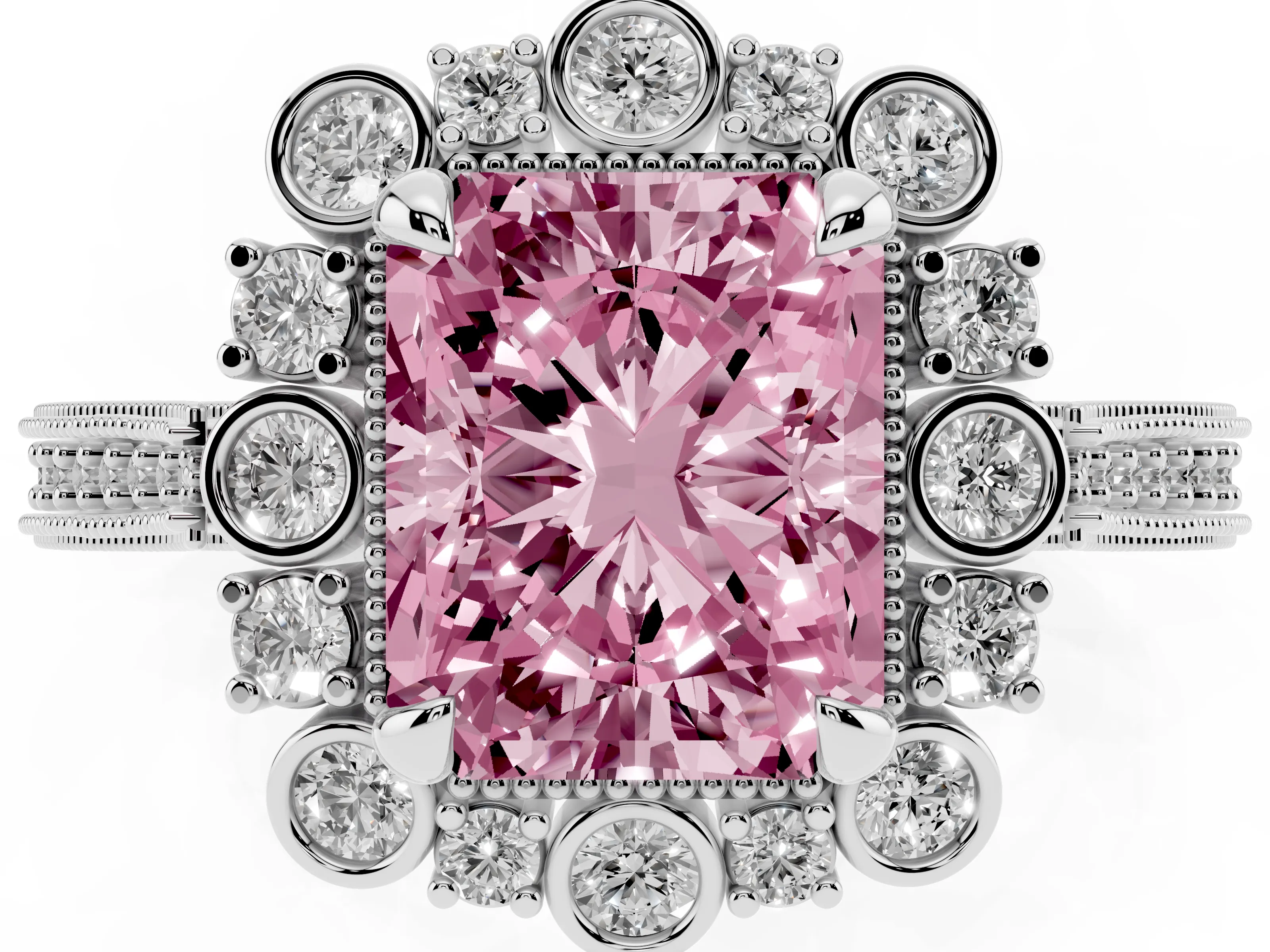 Fancy Pink Radiant Cut Diamond Halo Milgrain Pavé Ring Set in Platinum with Prong Setting