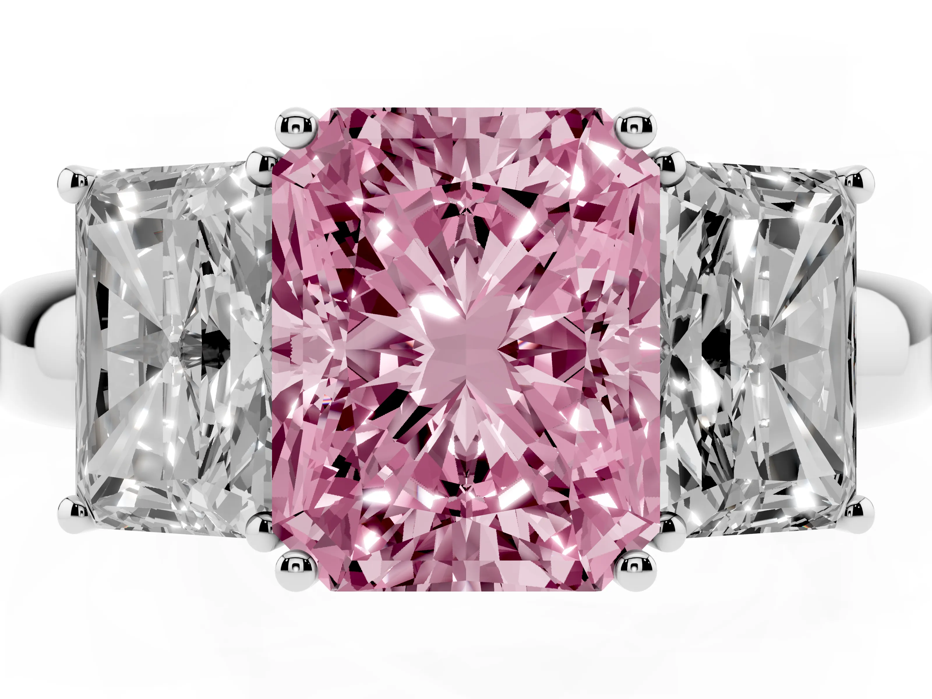 Fancy Pink Radiant Cut Diamond Three-Stone Ring Set in Platinum with Bold Center and Classic Band